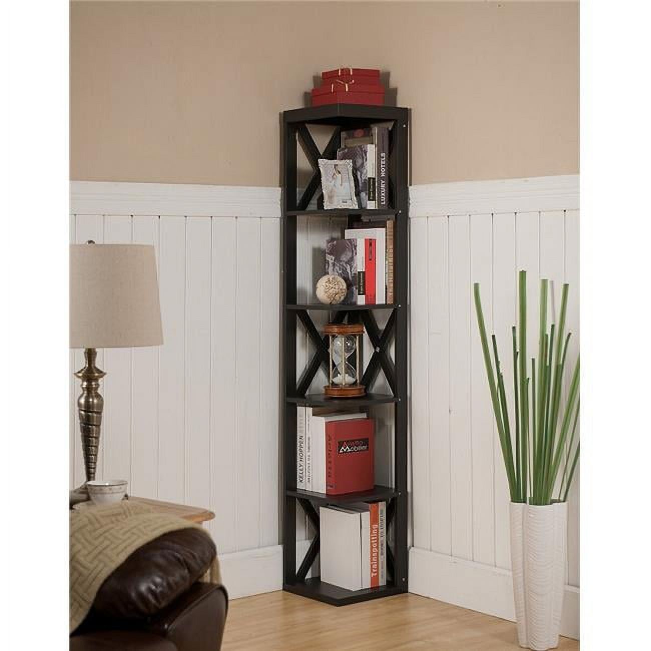 Espresso Wood 65-Inch Corner Adjustable Bookcase