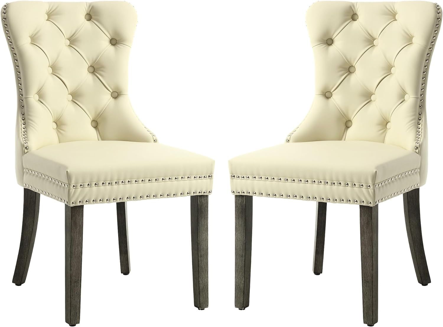 Beige Tufted Upholstered Side Chairs with Wood Legs, Set of 2