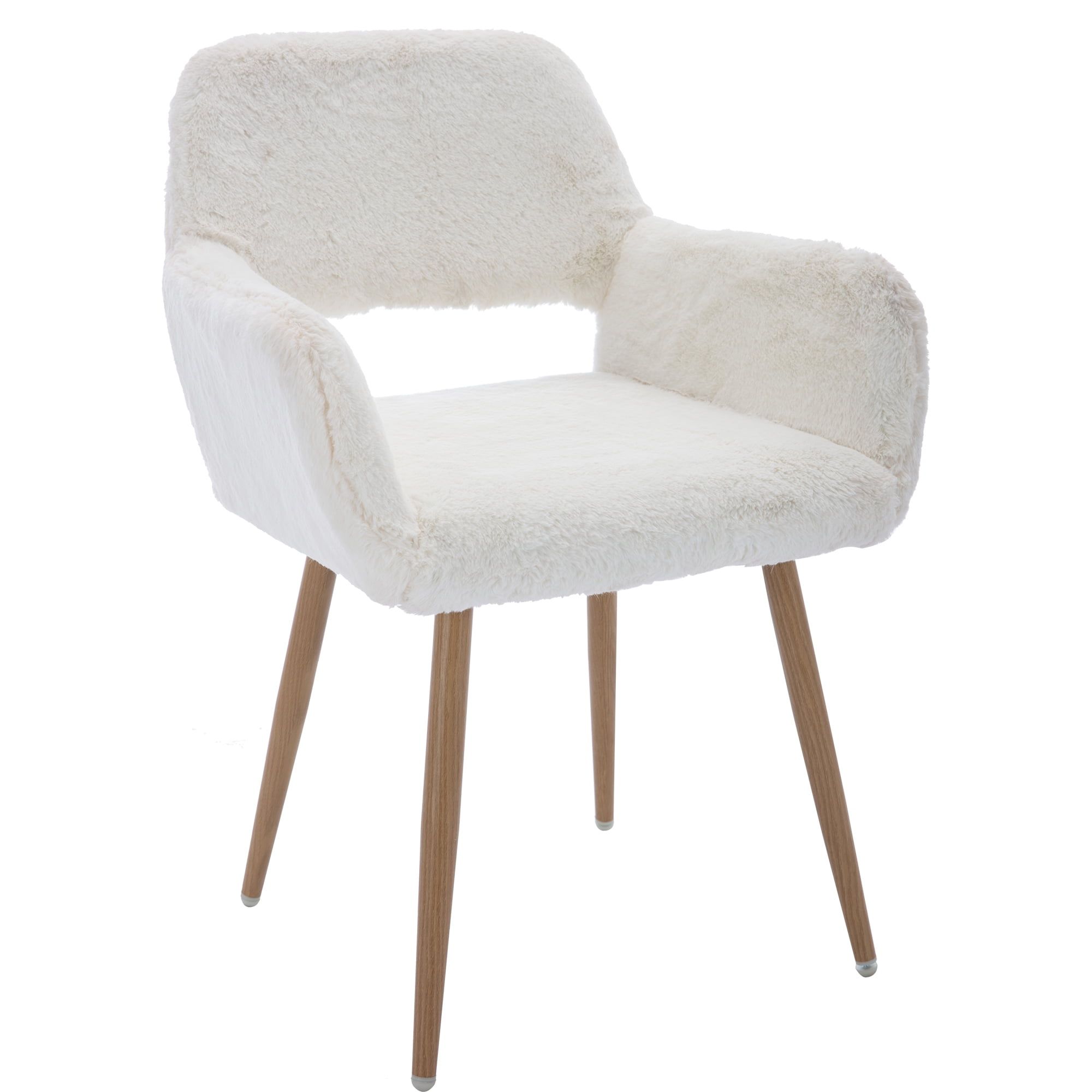 White Faux Fur Upholstered Arm Chair with Metal Legs