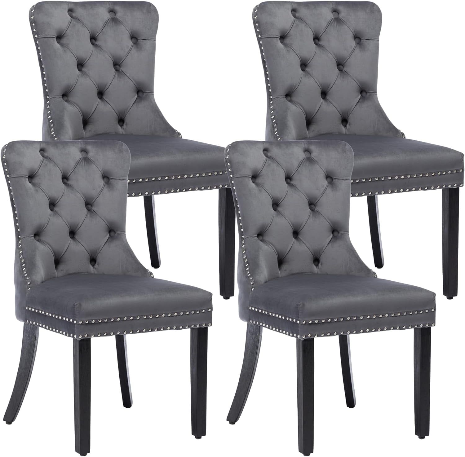 Set of 4 Gray Velvet Upholstered Parsons Dining Chairs with Black Wood Legs