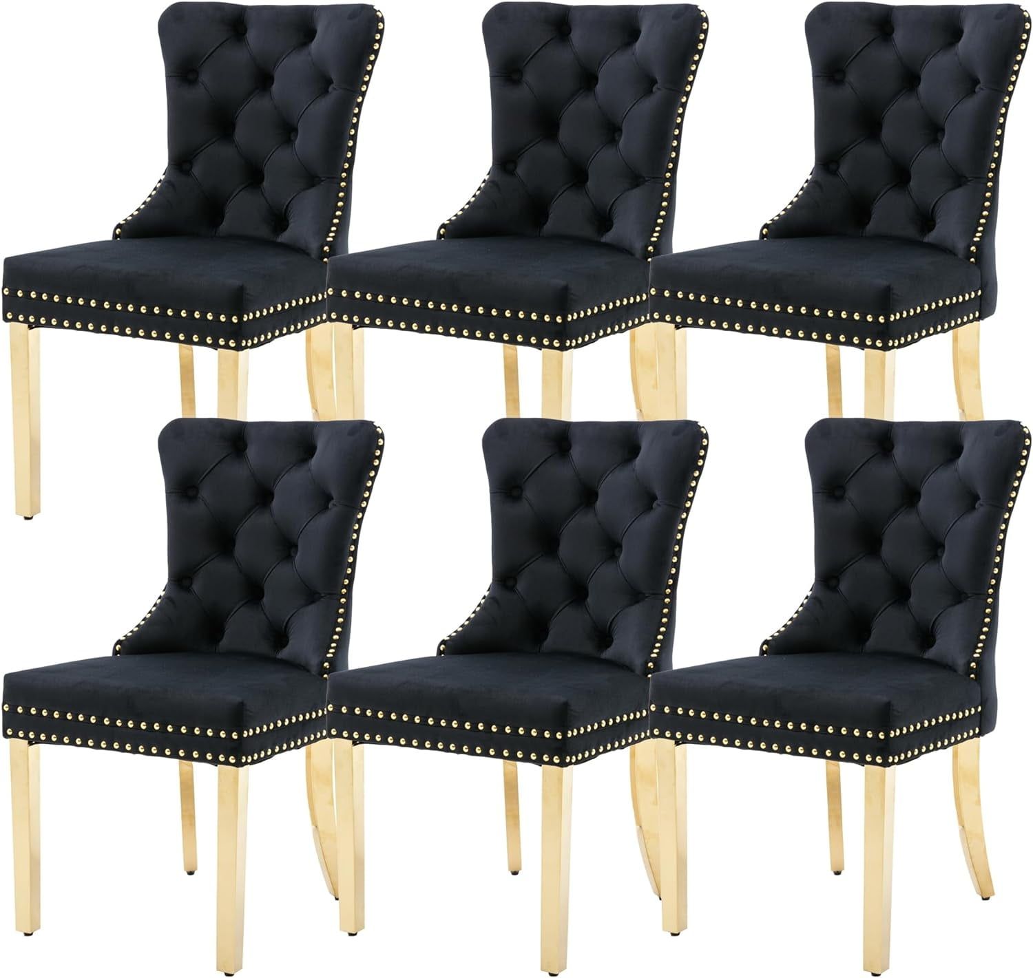 Black Velvet Upholstered Dining Chairs with Gold Legs, Set of 6