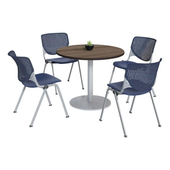 Teak and Navy Round Breakroom Table Set with 4 Chairs