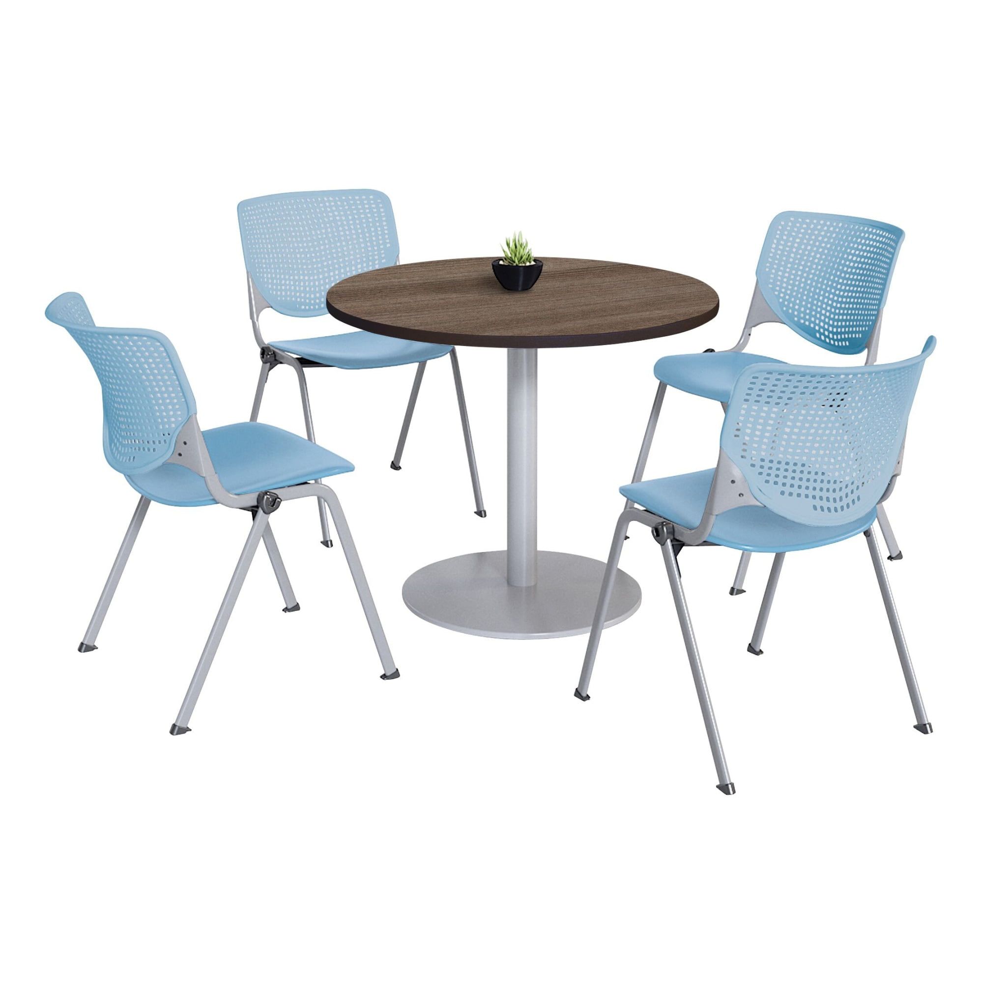 Studio Teak Round Dining Table Set with Sky Blue Chairs