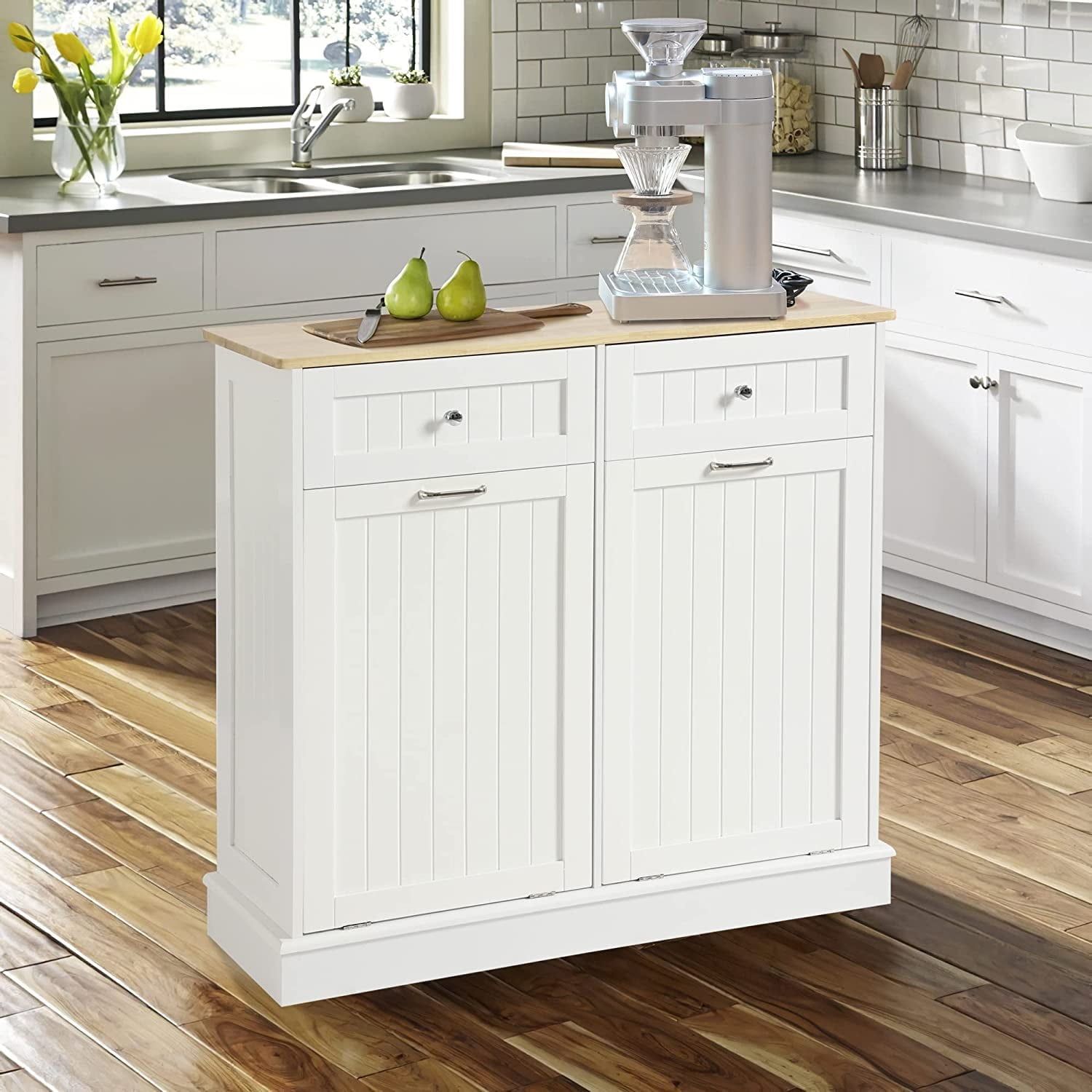 White Matte Dual Kitchen Trash Cabinet with Countertop and Drawer