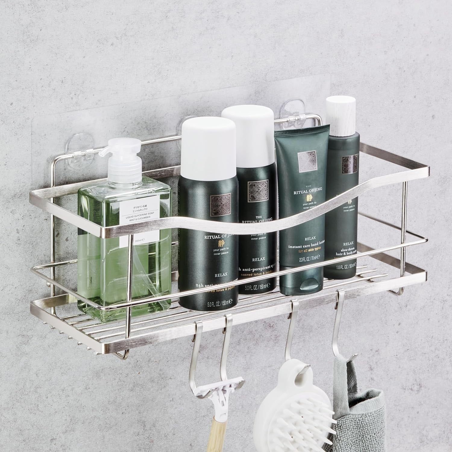 Silver Stainless Steel Adhesive Shower Caddy with Hooks