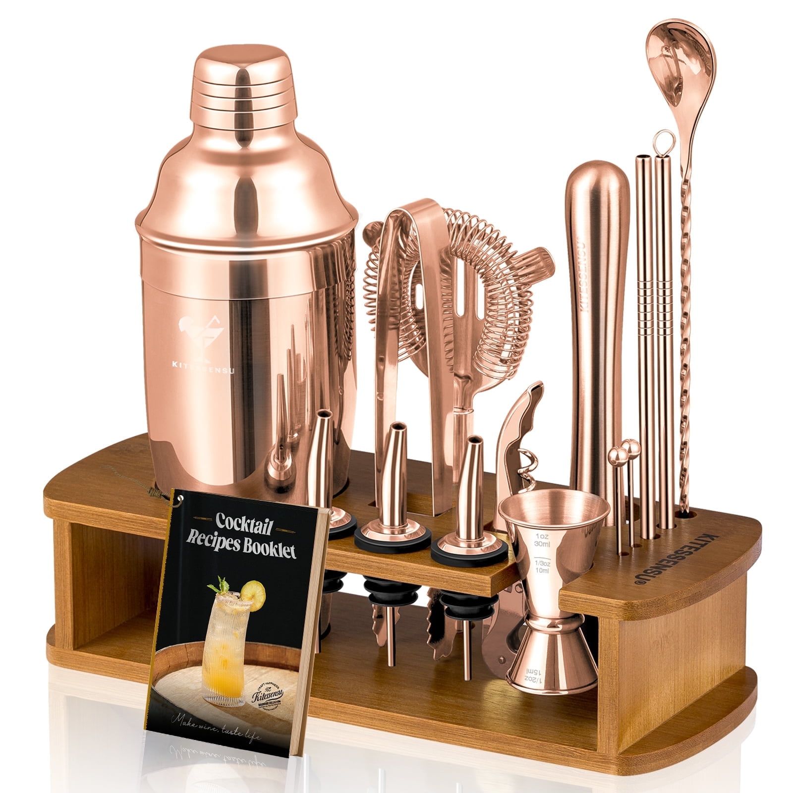 Rose Gold 15-Piece Cocktail Shaker Set with Bamboo Stand