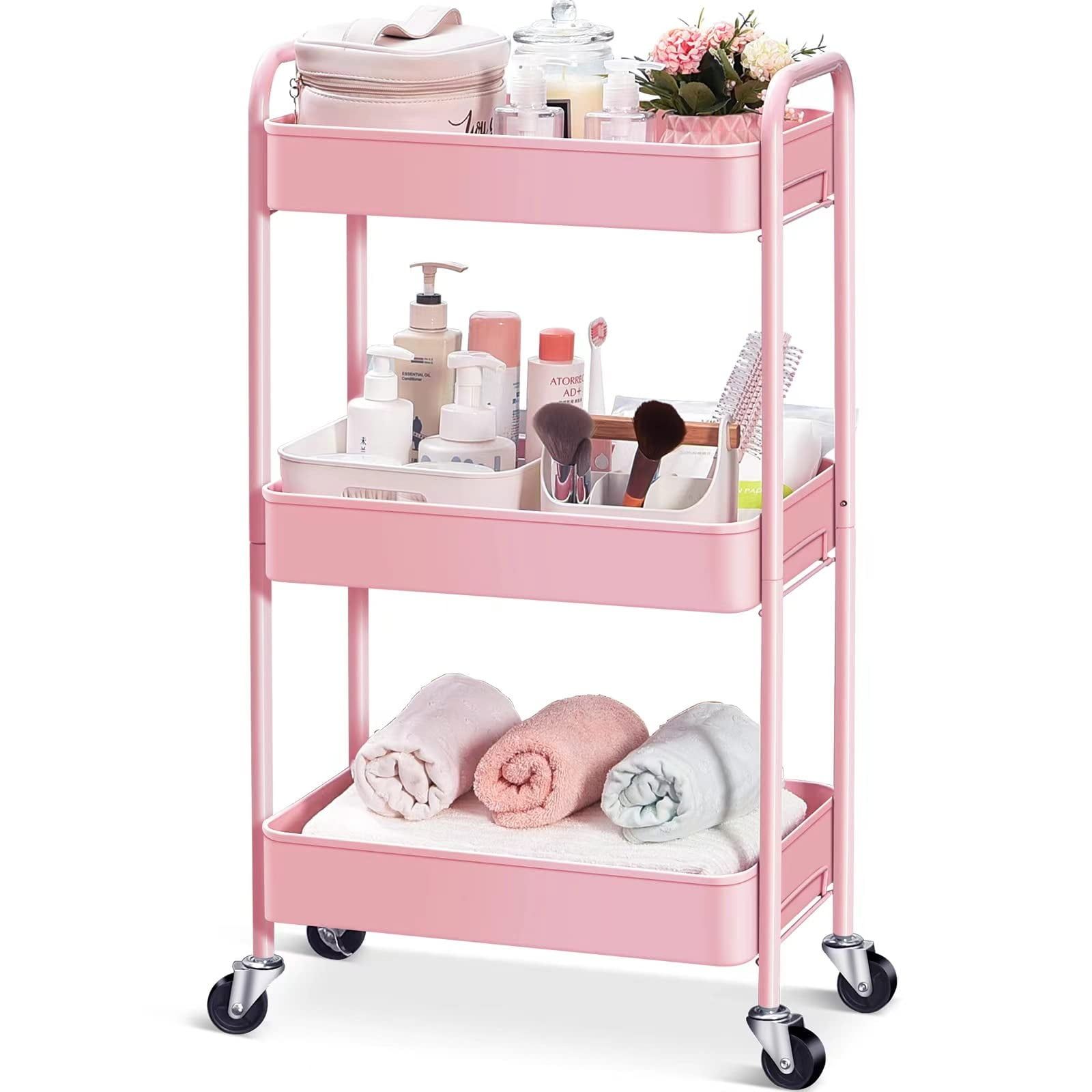 Pink 3-Tier Metal Rolling Utility Cart with Wheels