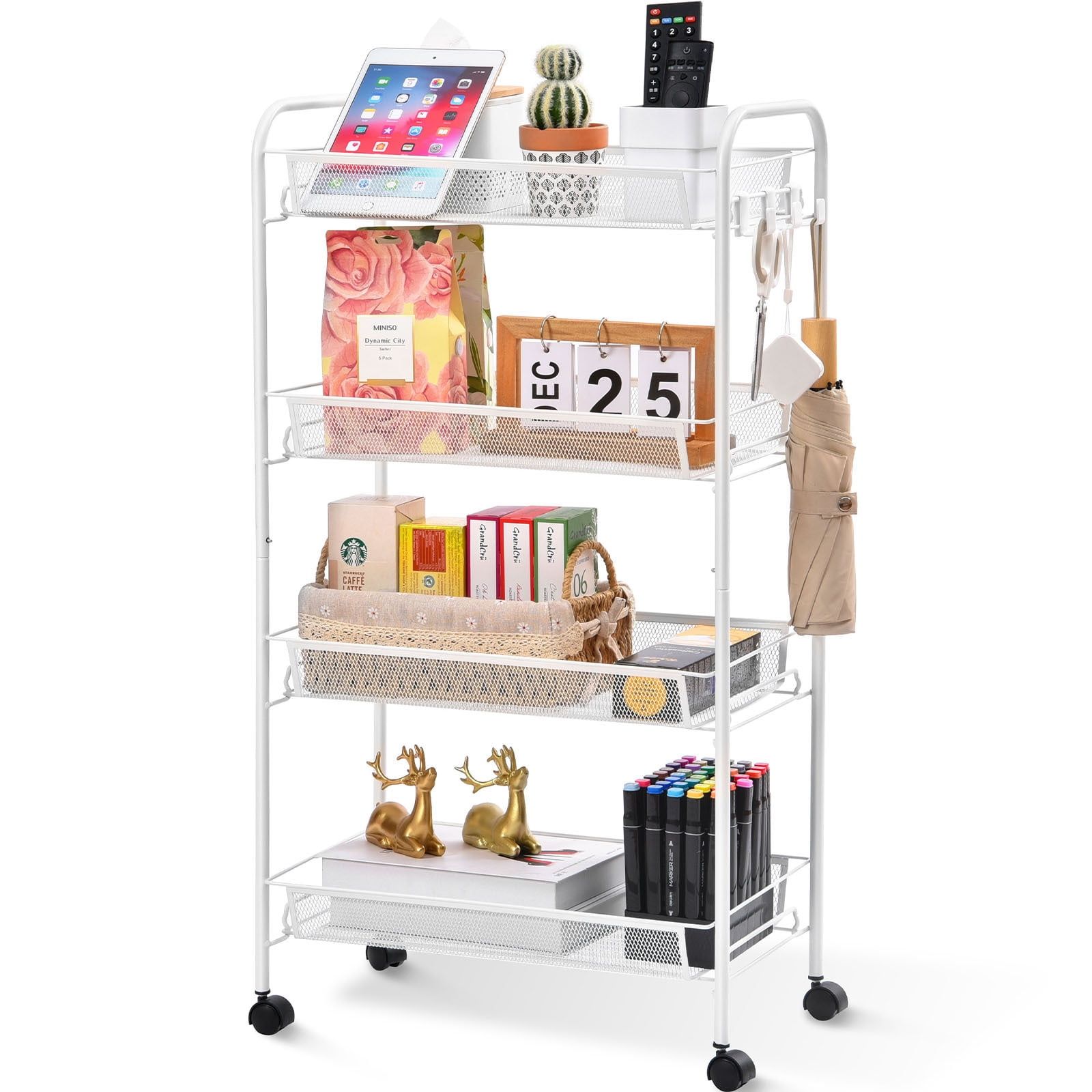 White 4-Tier Metal Rolling Utility Cart with Wooden Tabletop