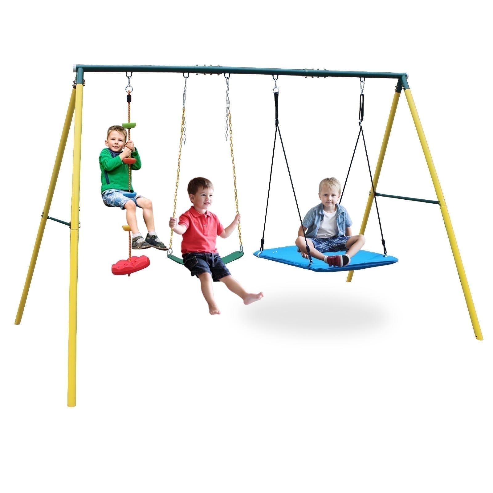 Yellow Steel Frame 3-in-1 Kids Swing Set with Climbing Ladder