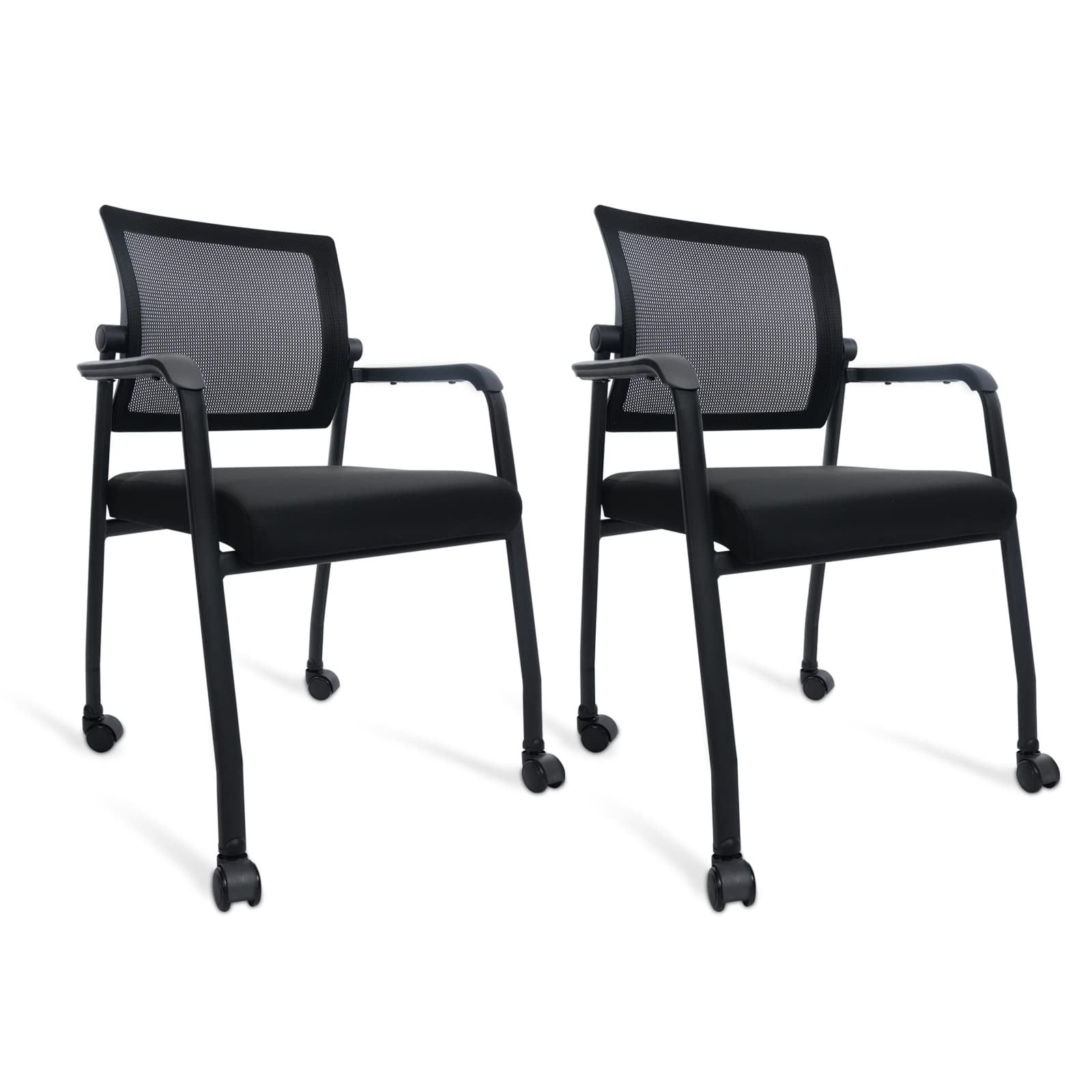 Black Mesh Metal Office Guest Chairs with Wheels, Set of 2