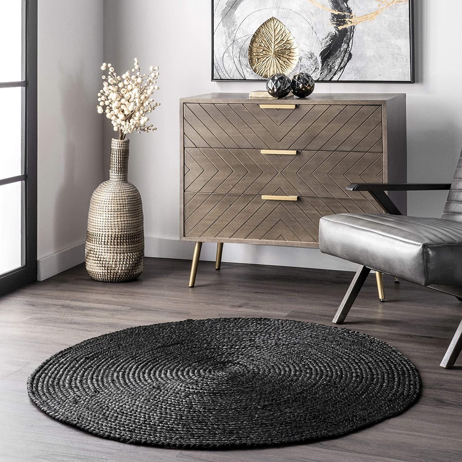 Hand-Braided Black Jute 4' Round Area Rug - Easy Care & Reversible