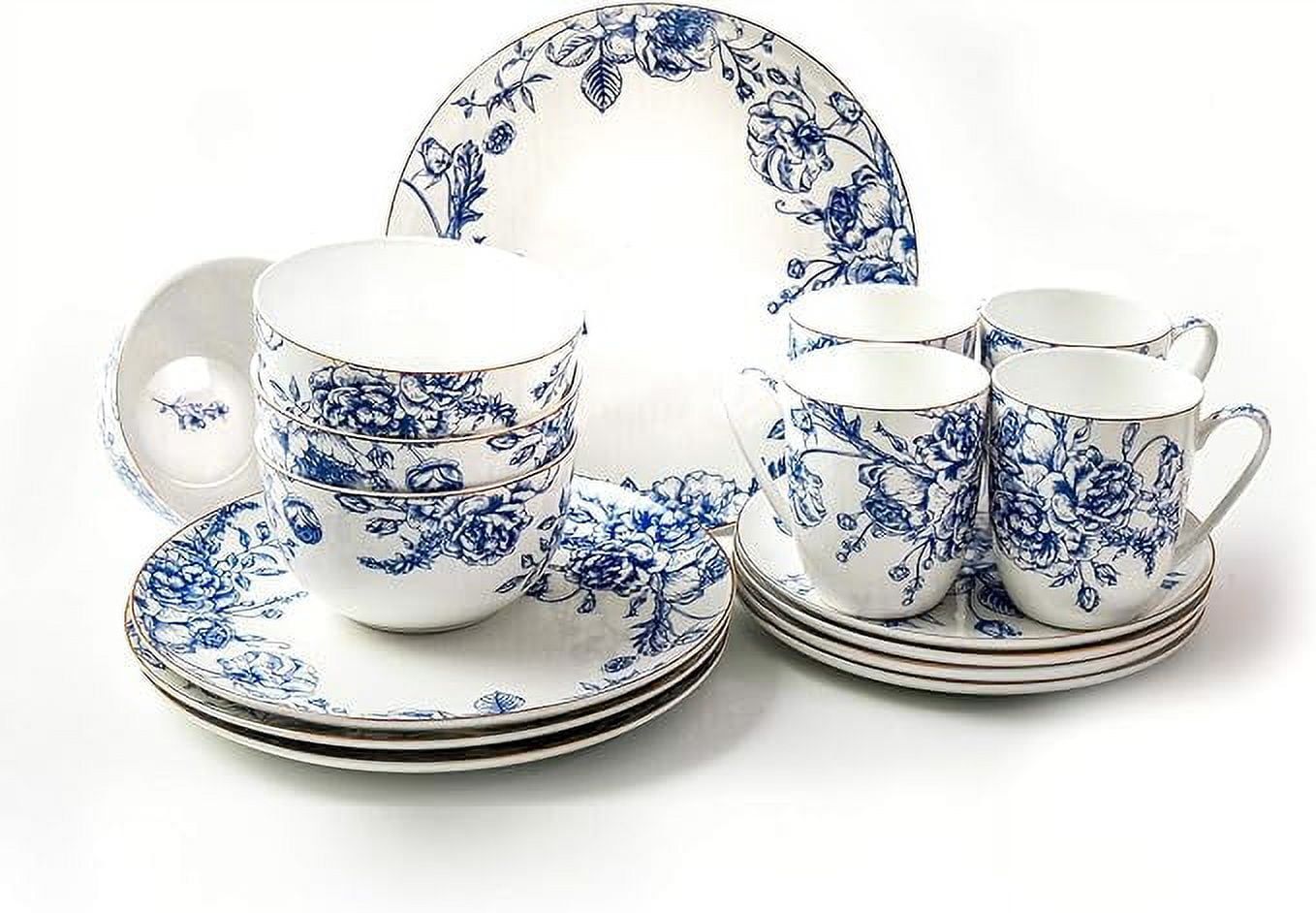 Blue Rose Porcelain 16-Piece Dinnerware Set with Gold Trim