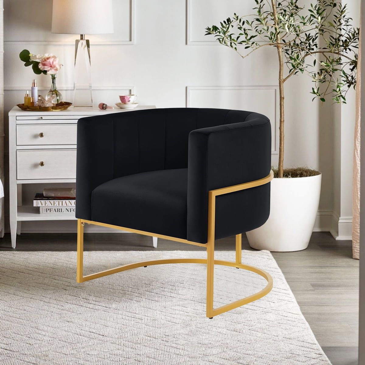 Black Velvet Barrel Chair with Golden Metal Legs