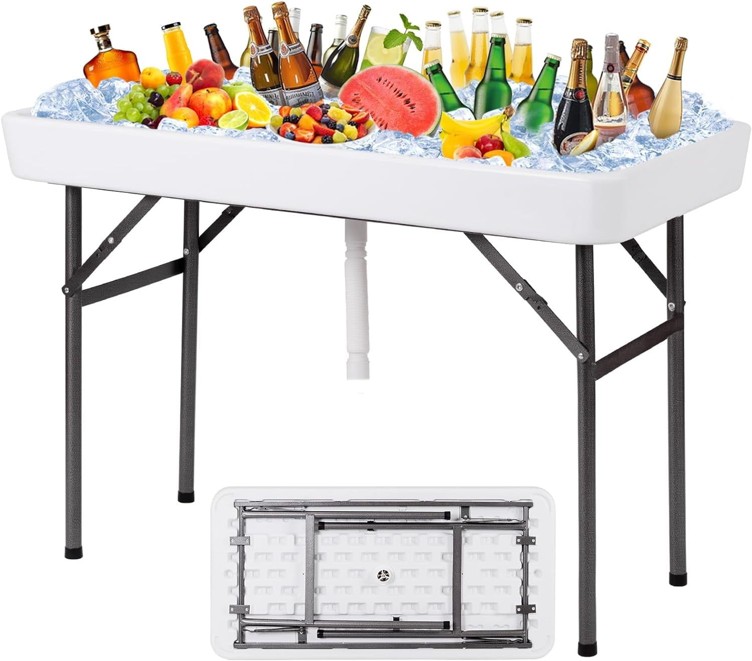 White Folding Ice Cooler Table with Skirt and Drain Hose