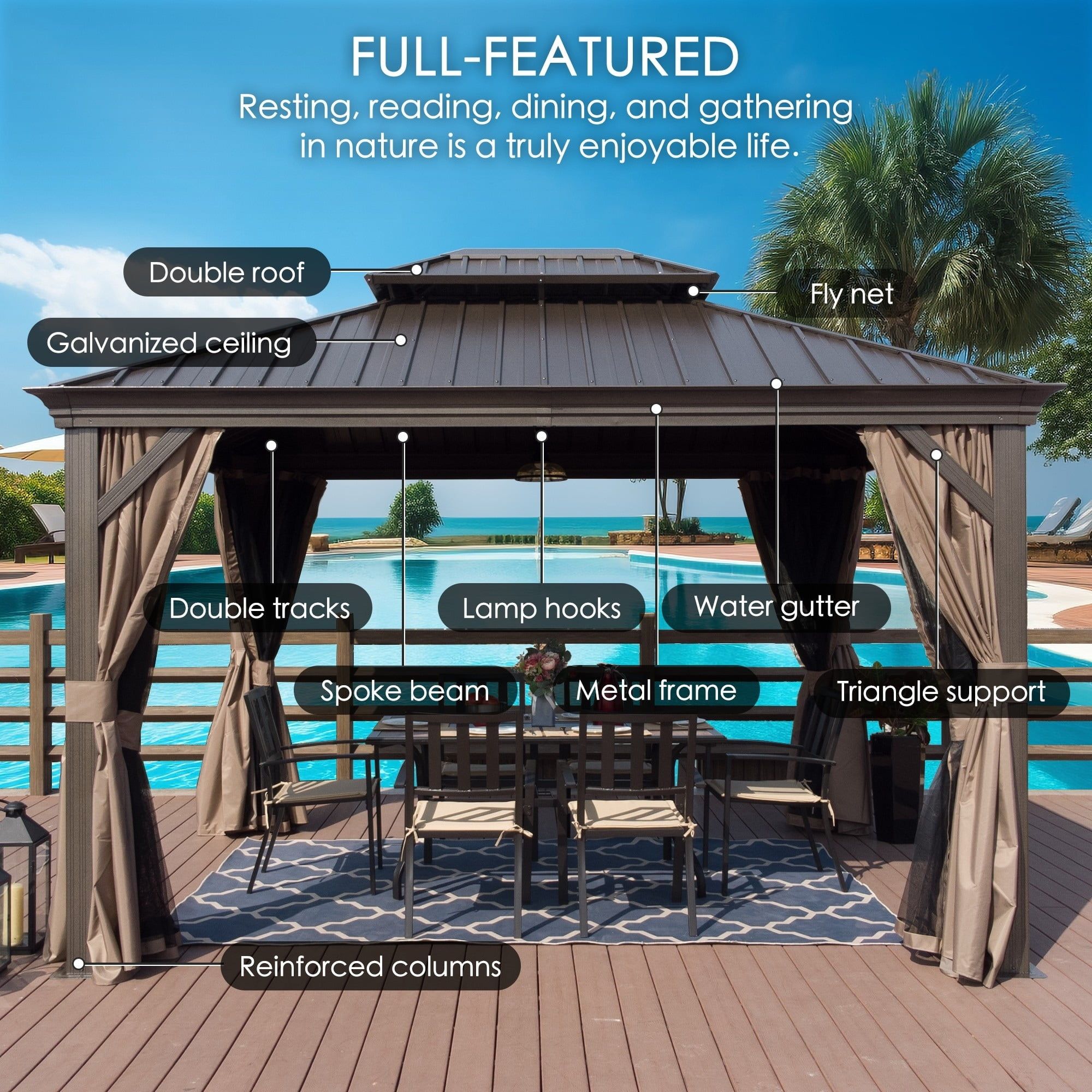 Alexander 12' x 18' Brown Aluminum Hardtop Gazebo with Curtains and Netting