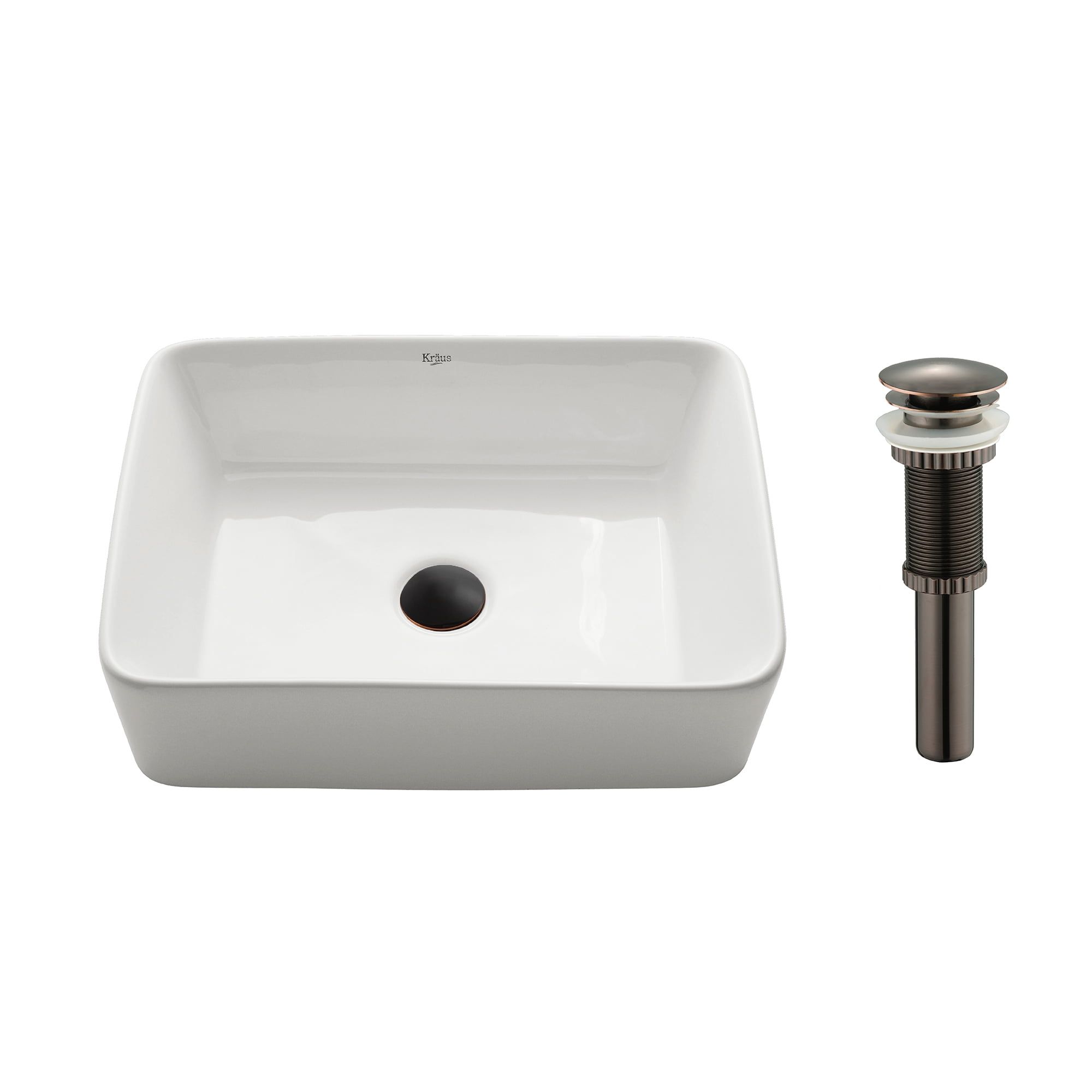 White Rectangular Ceramic Vessel Sink with Oil Rubbed Bronze Drain