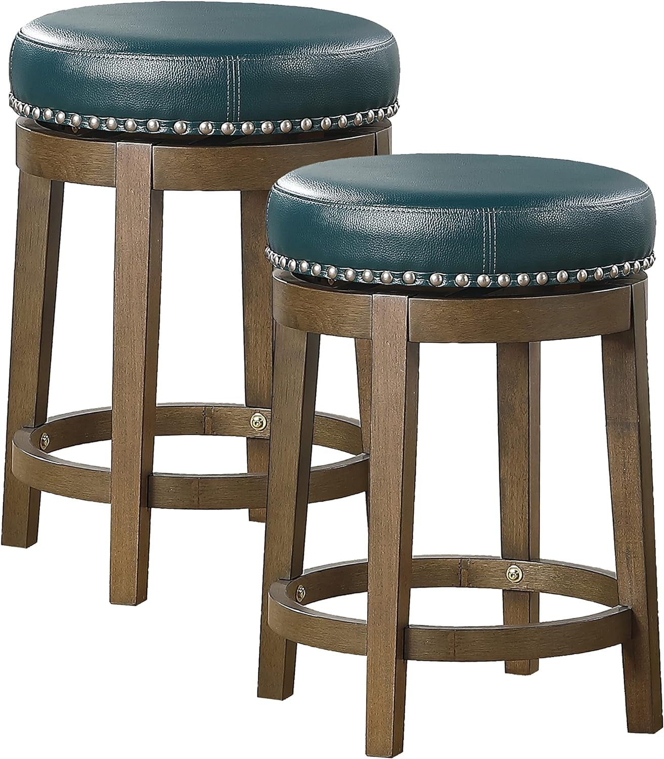 Green Swivel Backless Wood and Leather Counter Stool, 25"