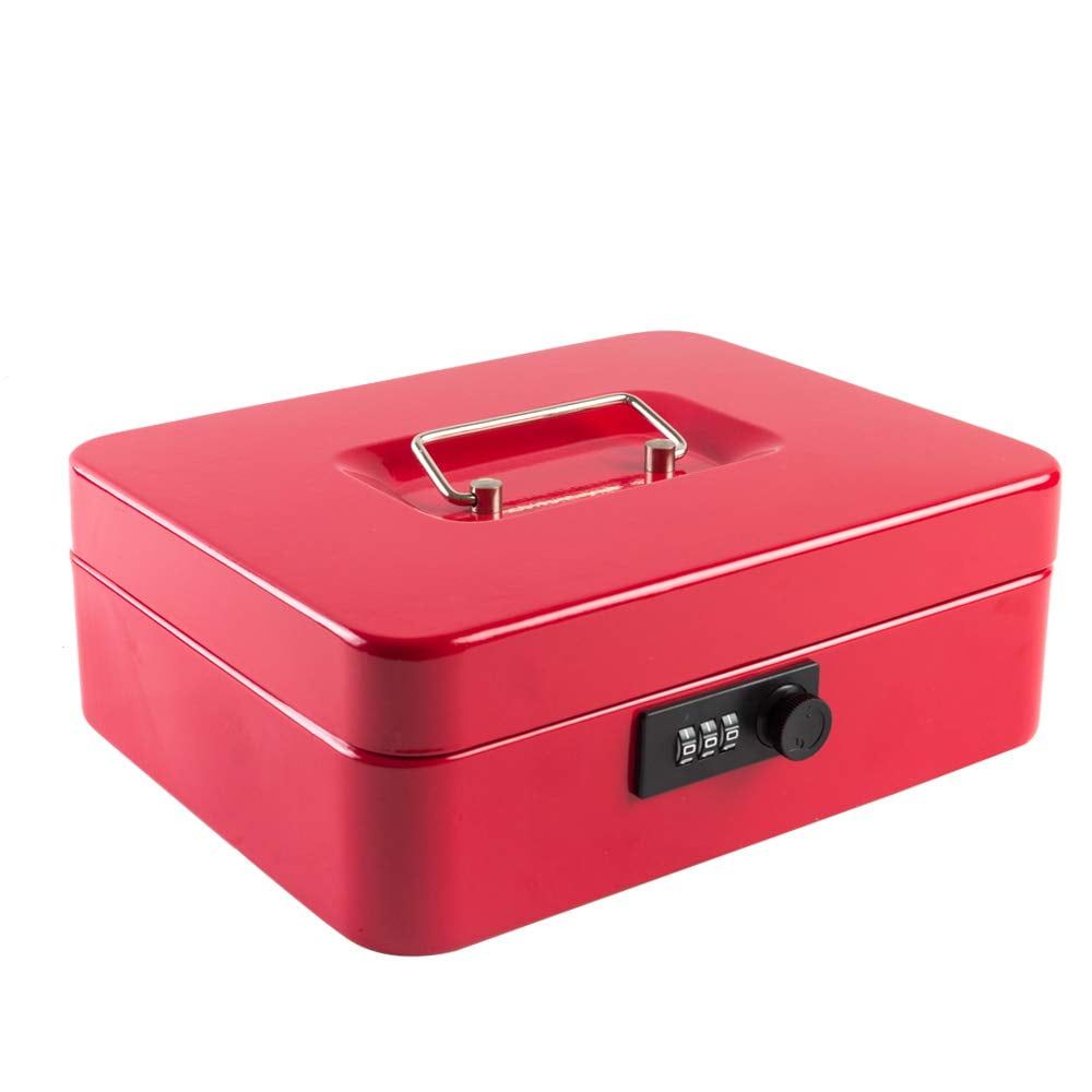 Red Large Metal Cash Box with Combination Lock and Tray