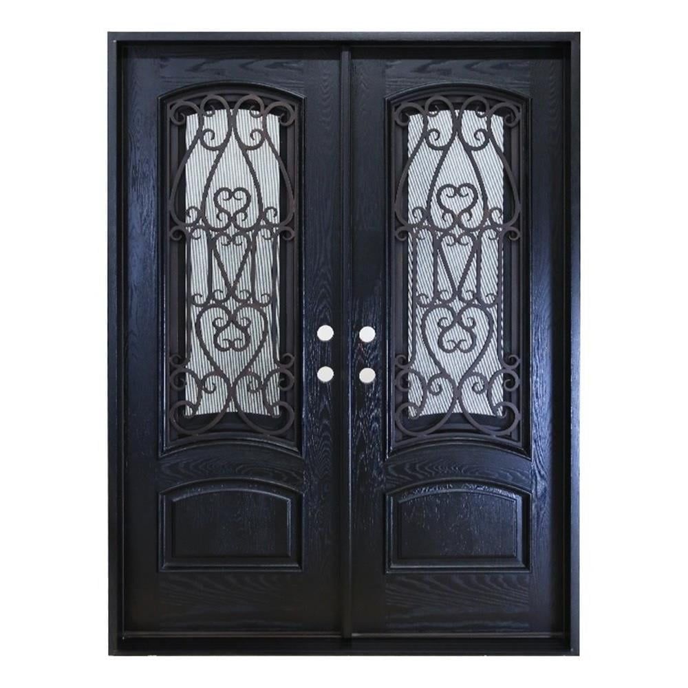 Espresso Polyurethane Composite Double Front Door with Wrought Iron and Rain Glass