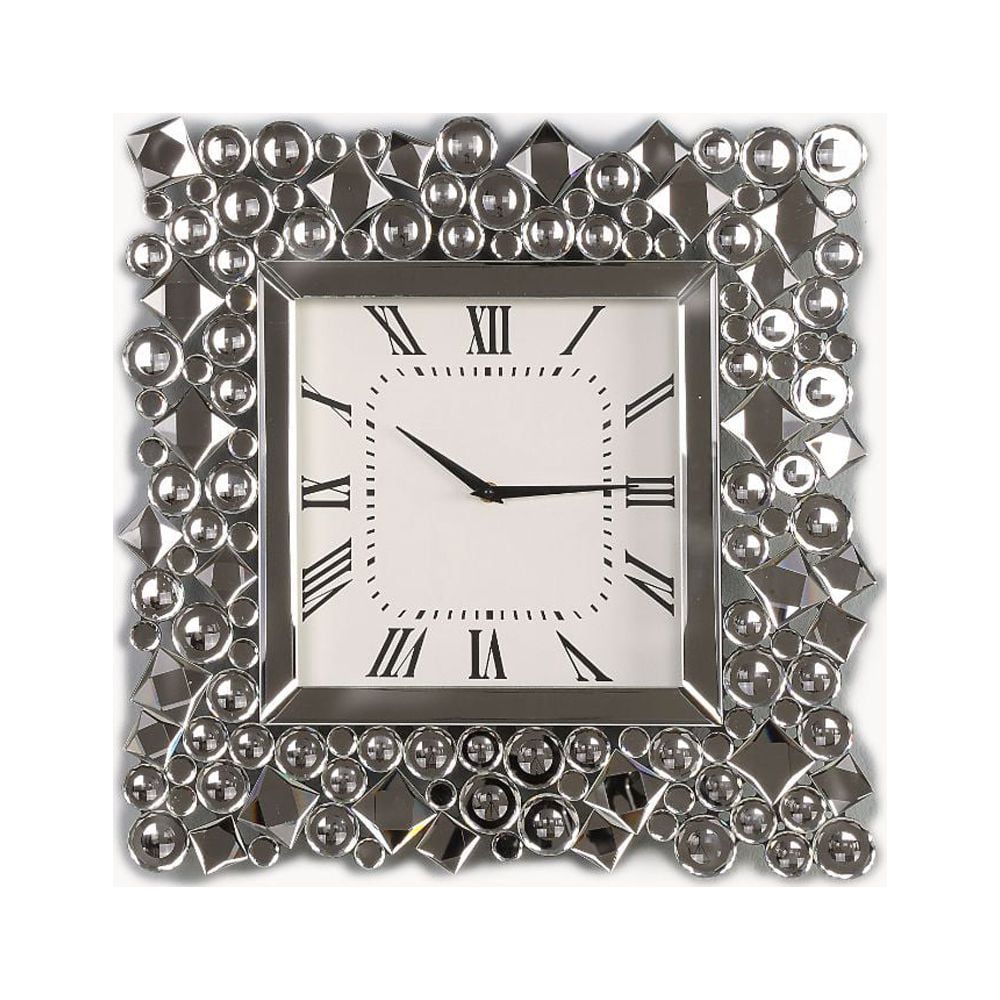 Square Silver Mirrored Wall Clock with Faux Gems