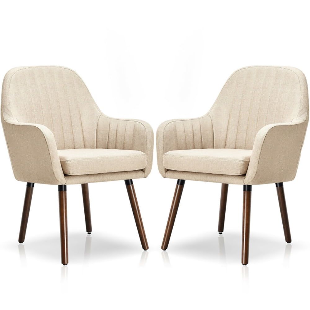 Beige Linen Upholstered Accent Chairs with Wooden Legs, Set of 2