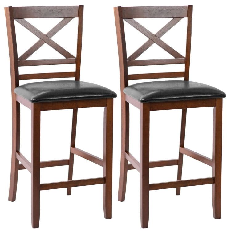 Walnut and Black 25" Wooden Bar Stools with PU Leather Seat, Set of 2