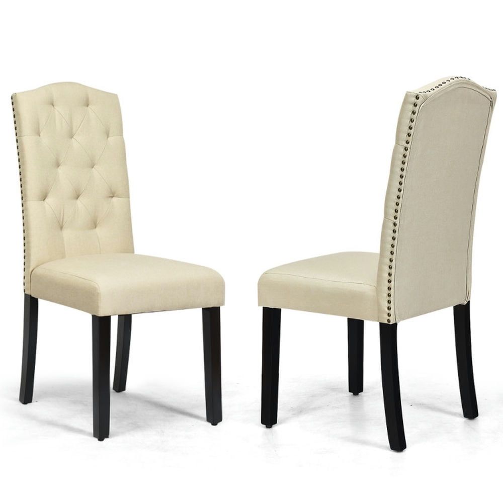 Beige Tufted Linen Upholstered Dining Chairs with Wood Legs, Set of 2