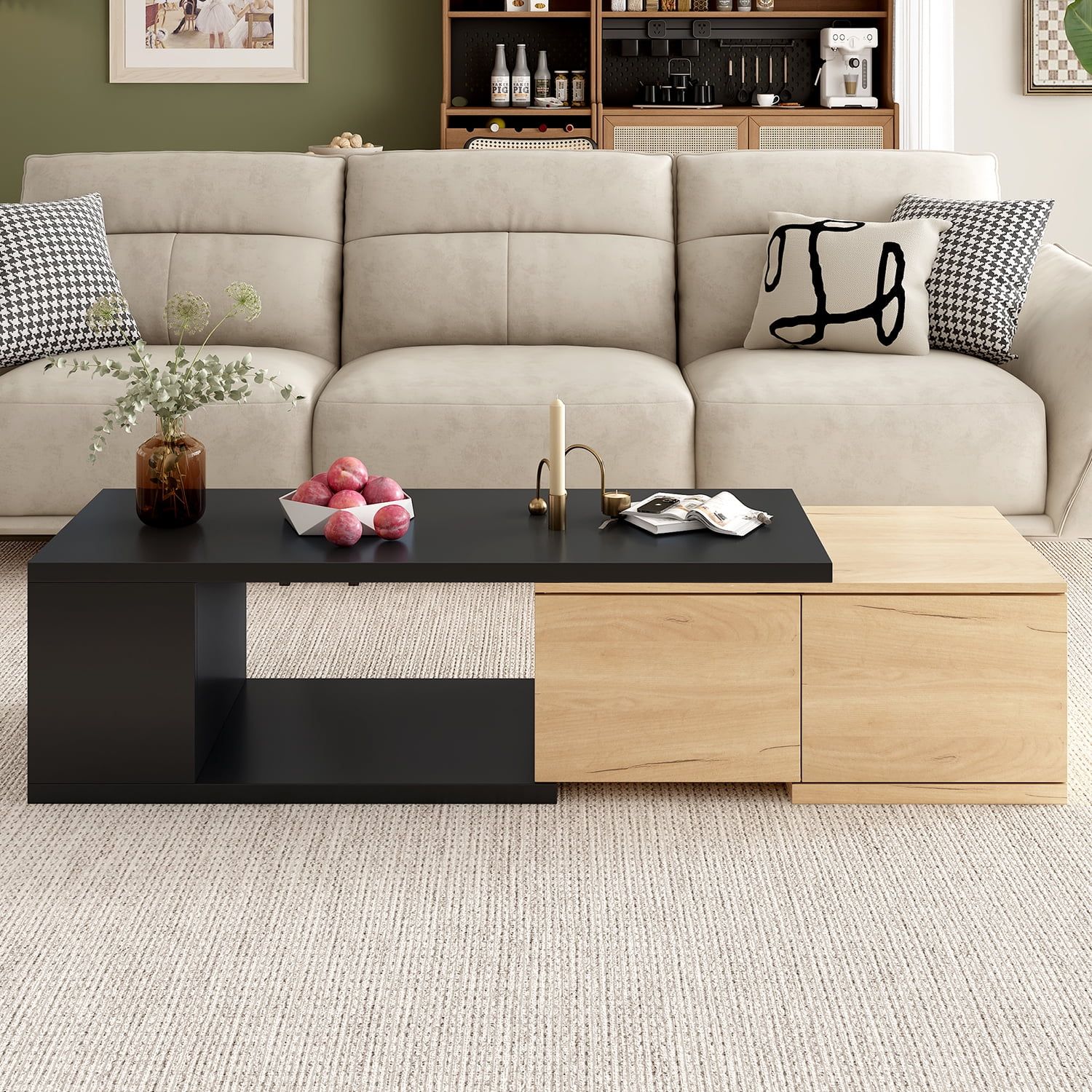 Black and Wood Extendable Coffee Table with Storage Drawers