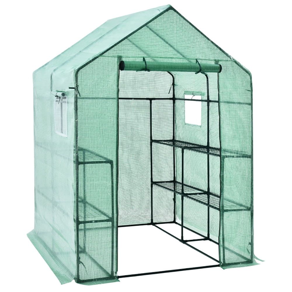 Green PE and Iron Walk-in Greenhouse with Shelves