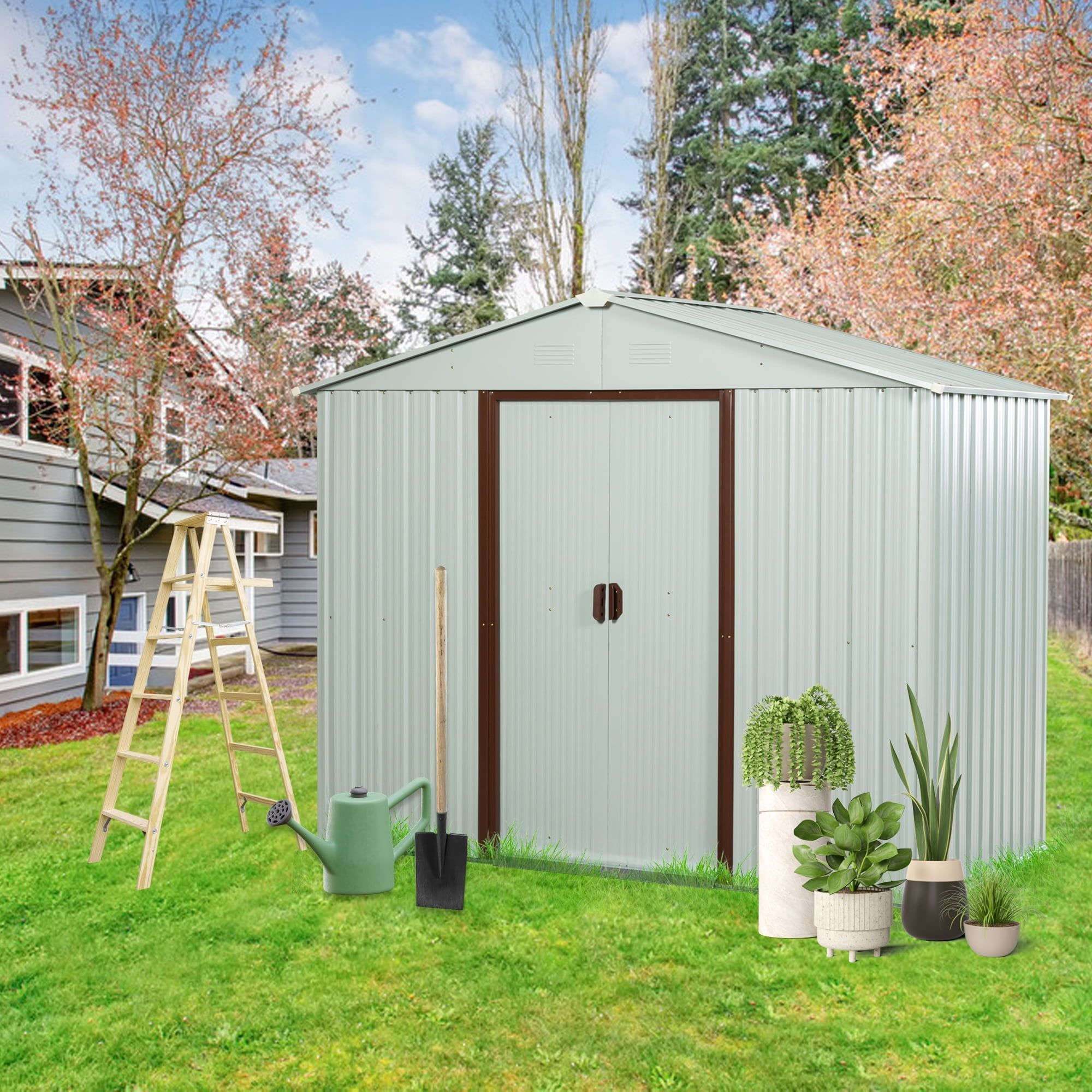 White Aluminum Outdoor Storage Shed with Shelving and Sliding Doors