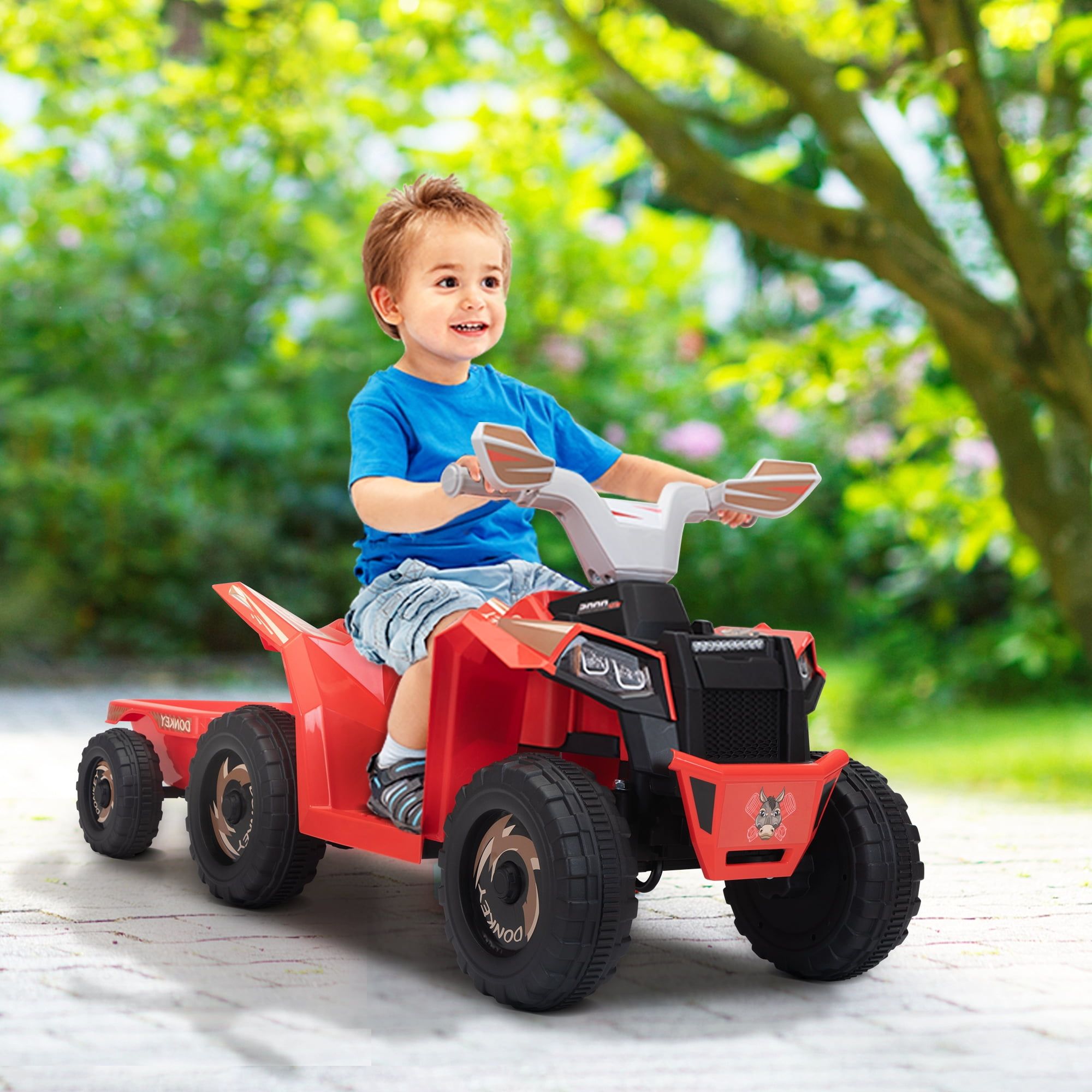 Red 6V Kids Electric ATV with Trailer and Bluetooth