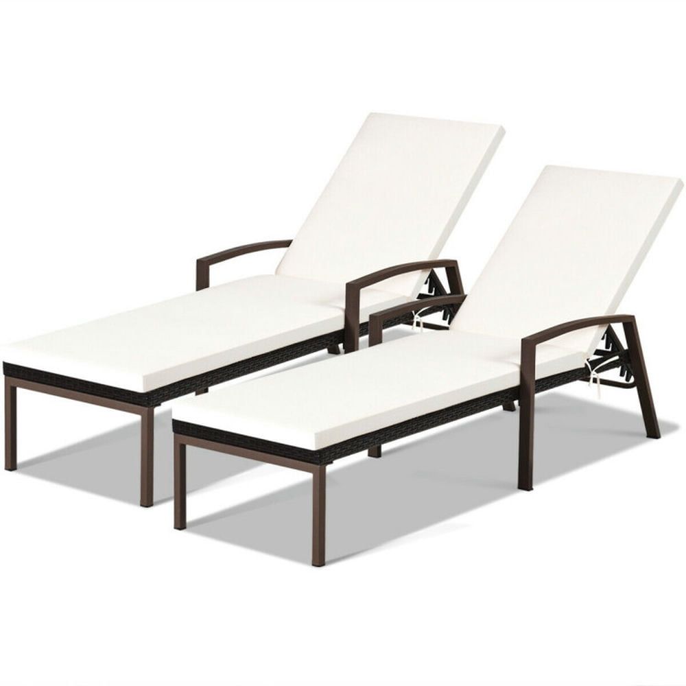 Beige Steel and Rattan Outdoor Chaise Lounge with Cushions