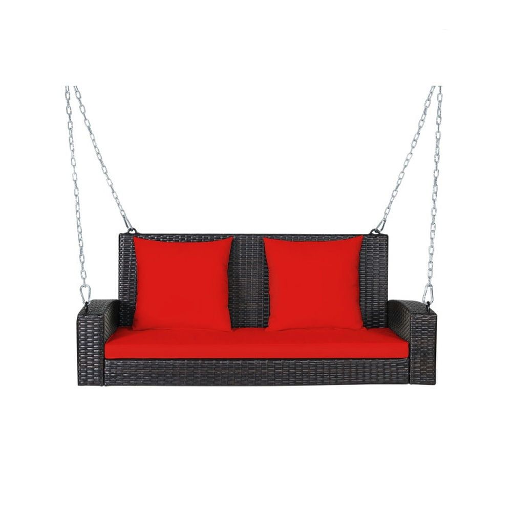 Red 2-Person Rattan Porch Swing with Cushions