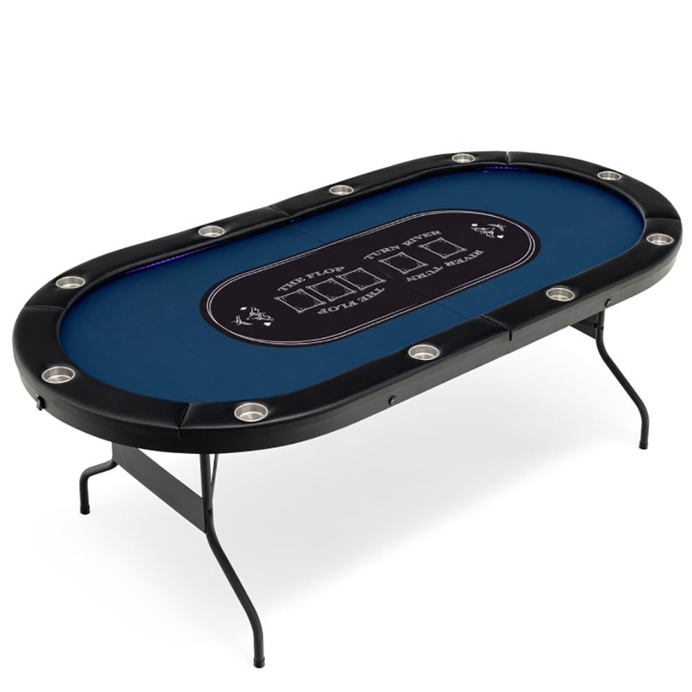 Blue Foldable 10-Player Poker Table with LED Lights and USB Ports