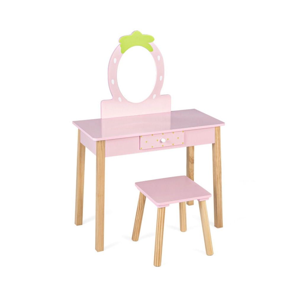 Pink Children's Vanity Table and Stool Set with Strawberry Mirror