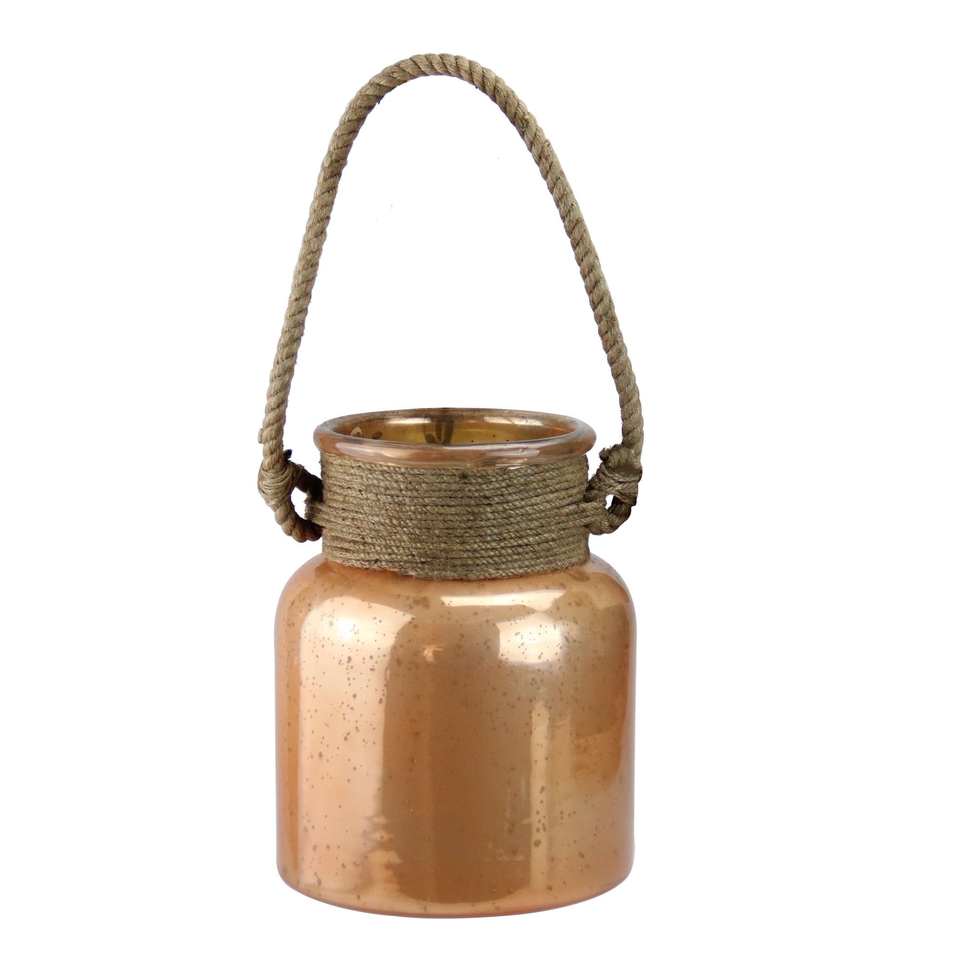 Copper Glass Hurricane Lantern with Rope Handle