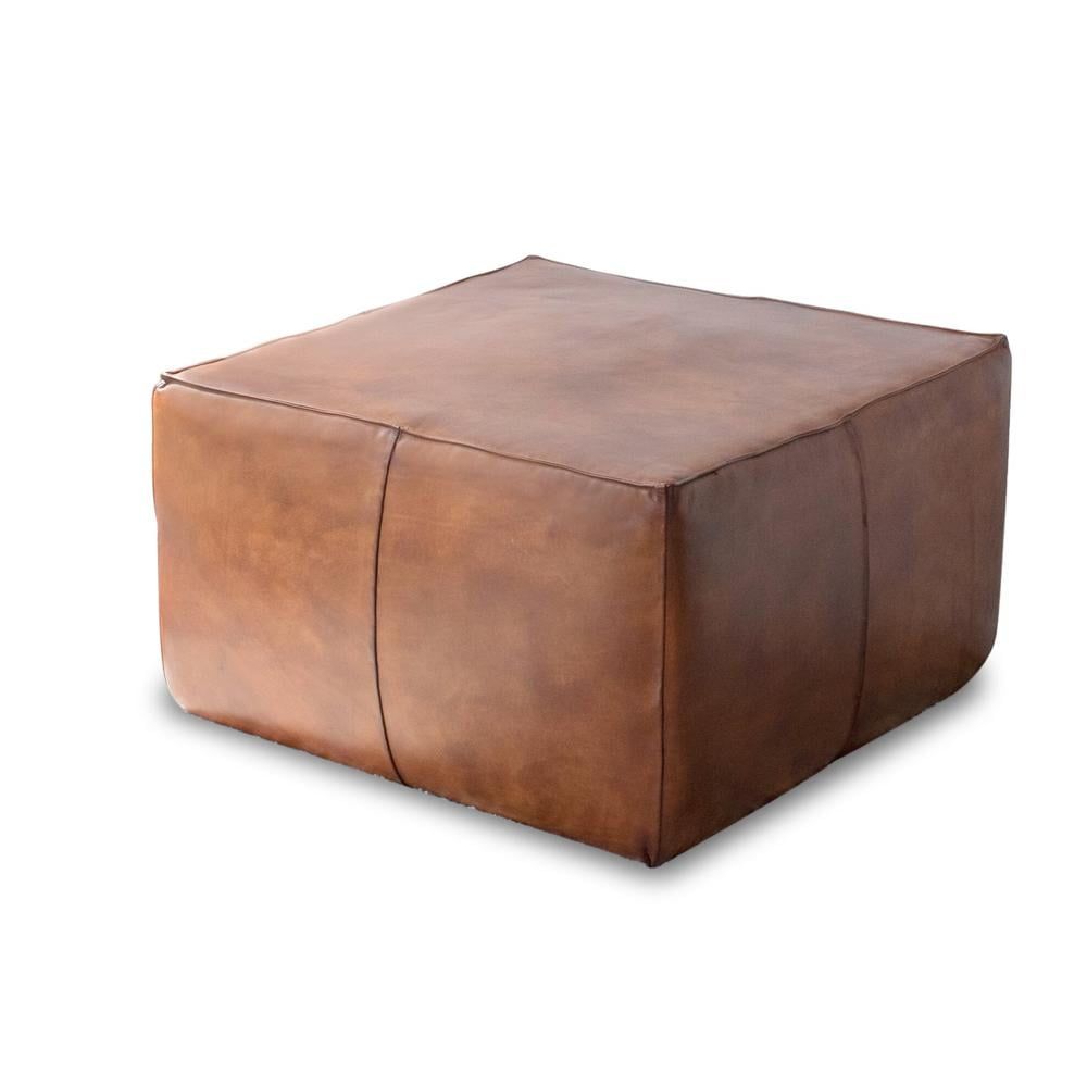 Cognac Tan Genuine Leather Square Ottoman with Solid Wood Frame