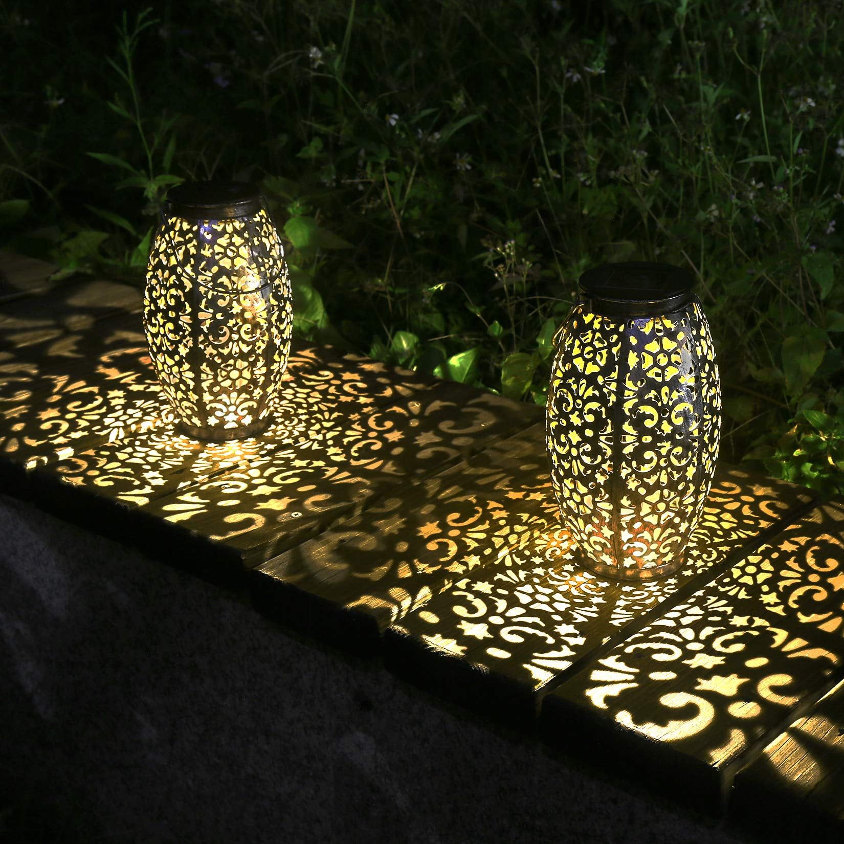 Silver Outdoor Solar Lantern with Hollowed Pattern Design