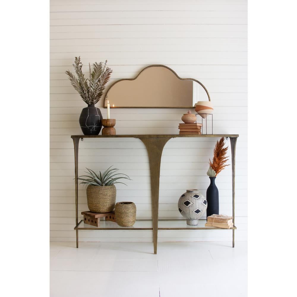 Elegant Antique Brass and Glass Sofa Table with Storage Shelf