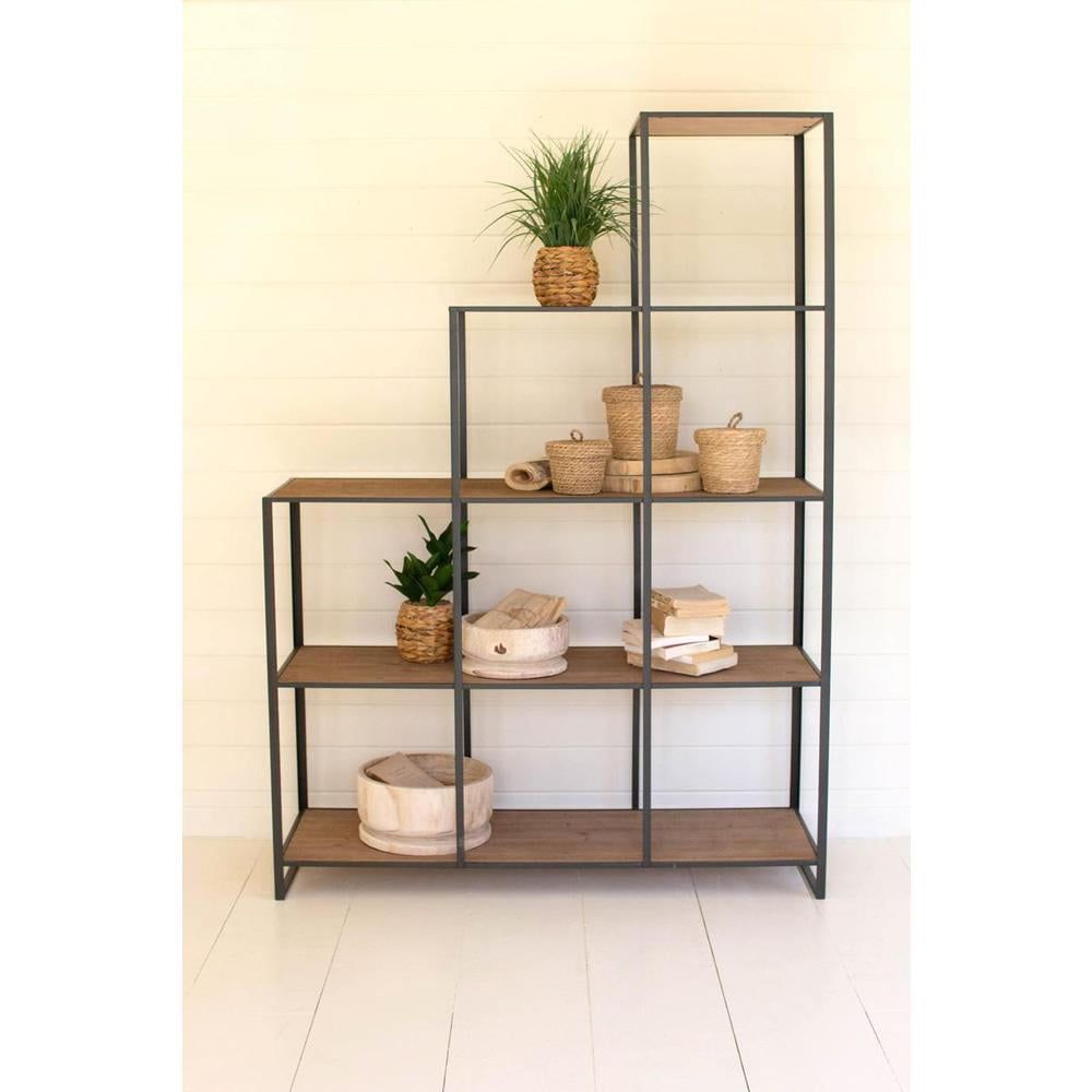 Gray Stair Step Wood and Metal Display Unit