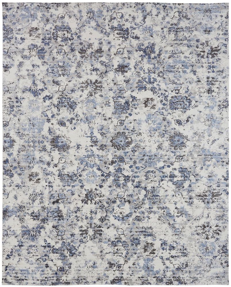 Blue and Gray Abstract Silk Blend Area Rug, 2' x 3'