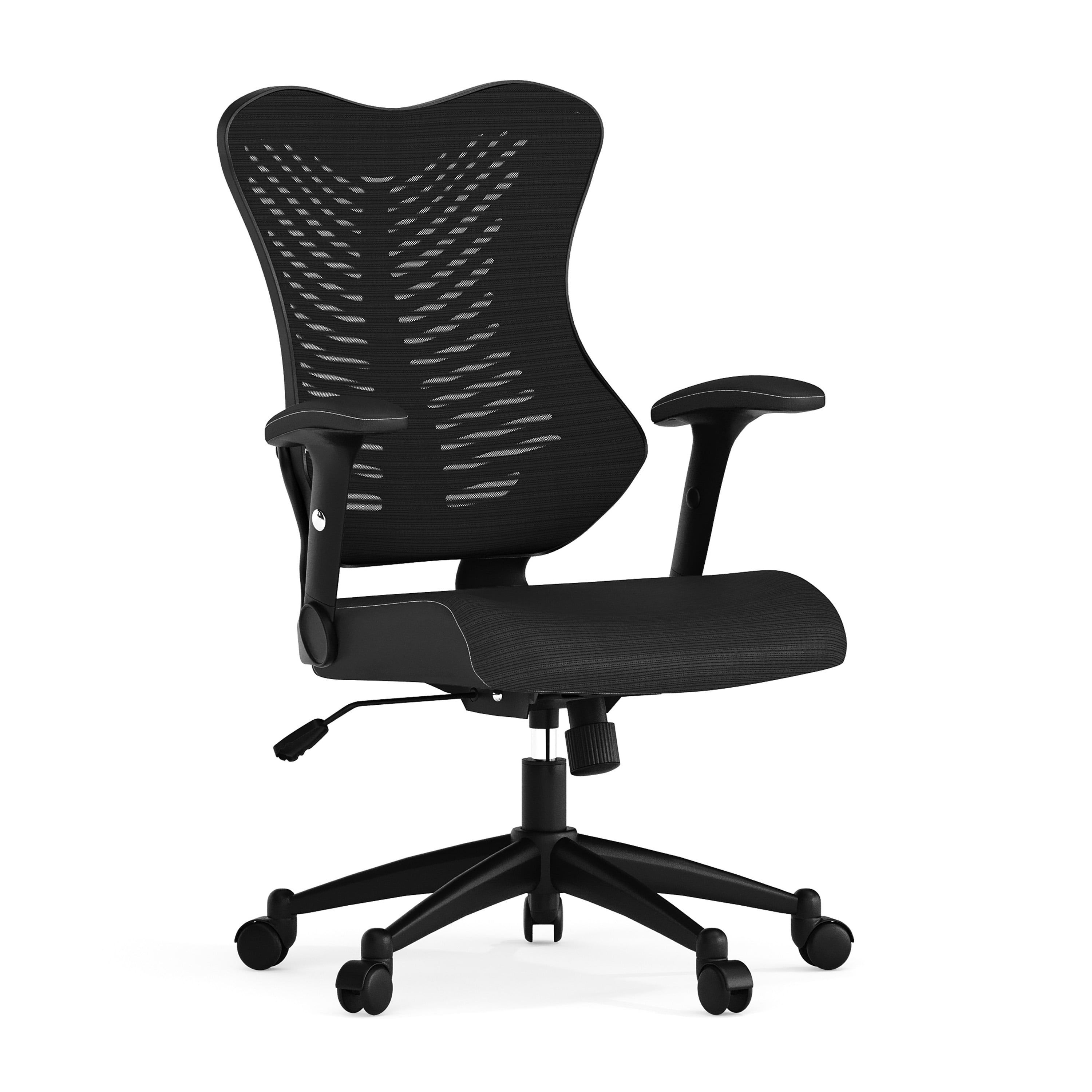 Contemporary High-Back Black Mesh & Leather Executive Office Chair with Adjustable Arms