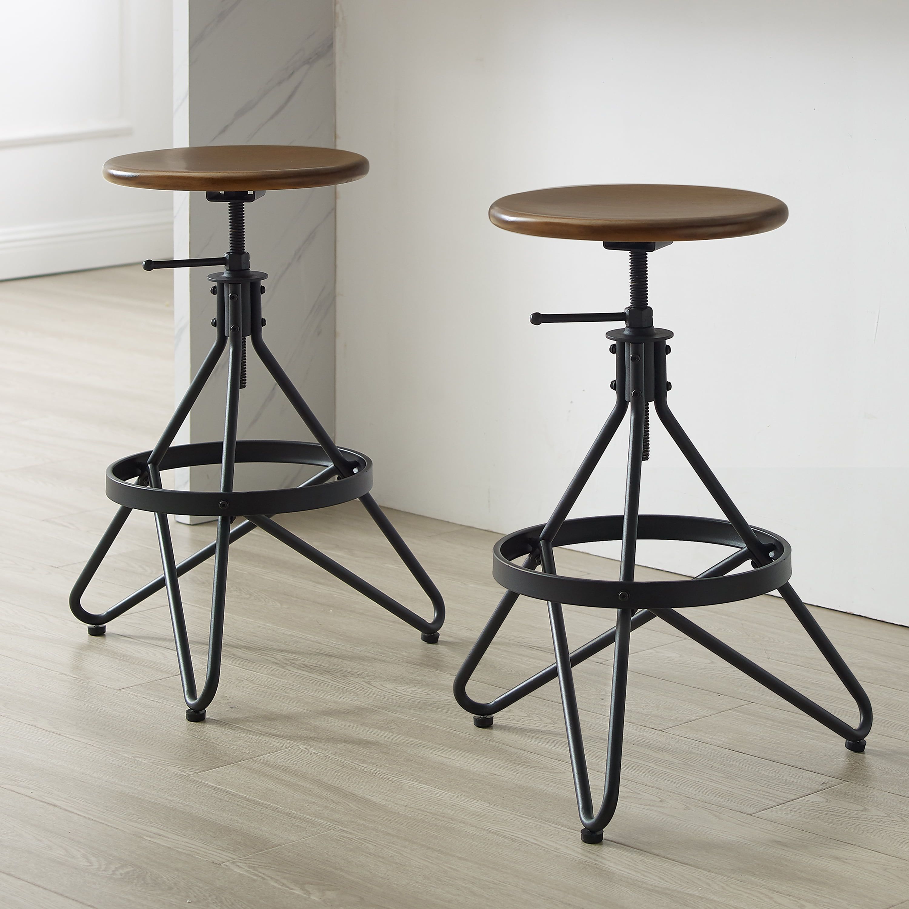 Kalen Brown Wood and Matte Black Metal Adjustable Swivel Barstool Set