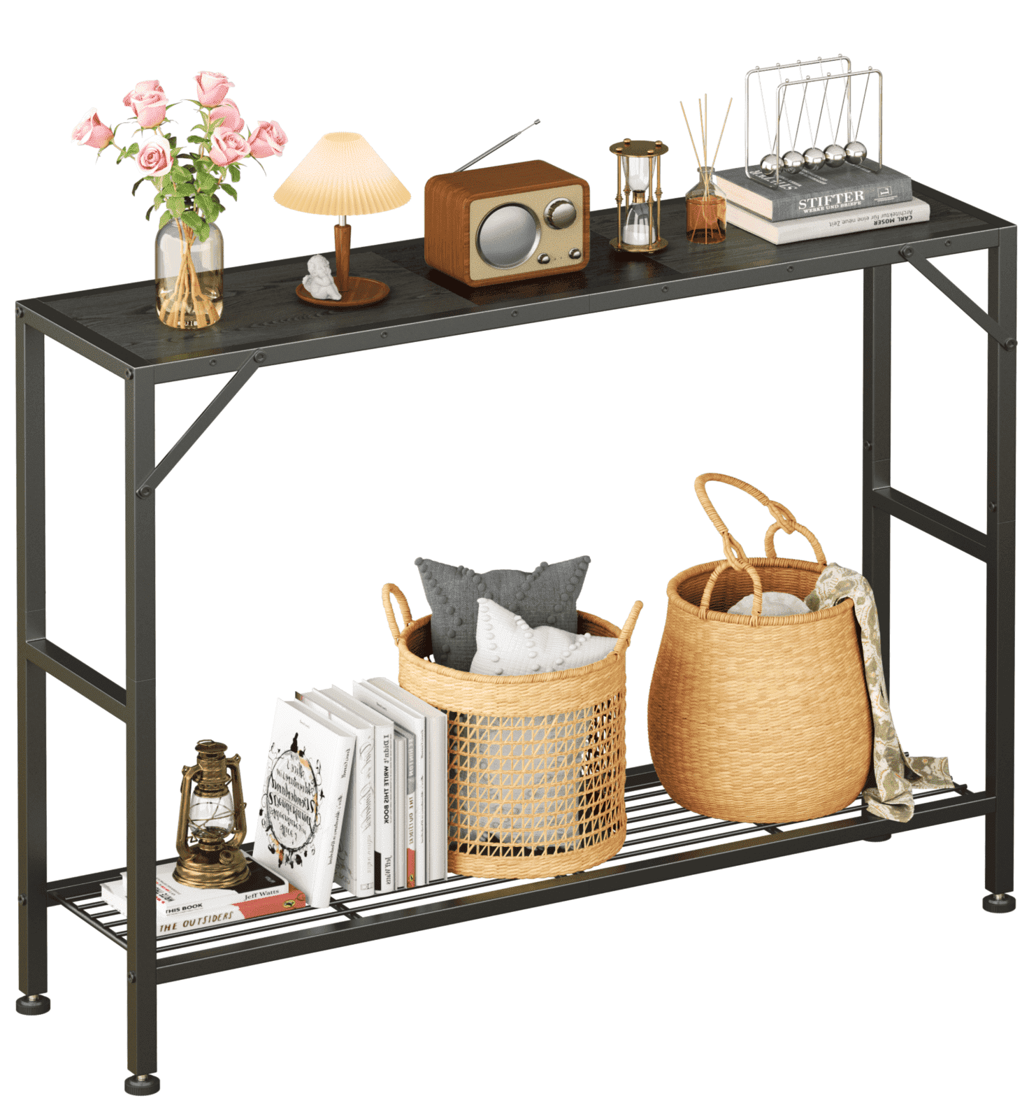 Oak Gray Narrow Console Table with Metal Frame and Storage Shelves