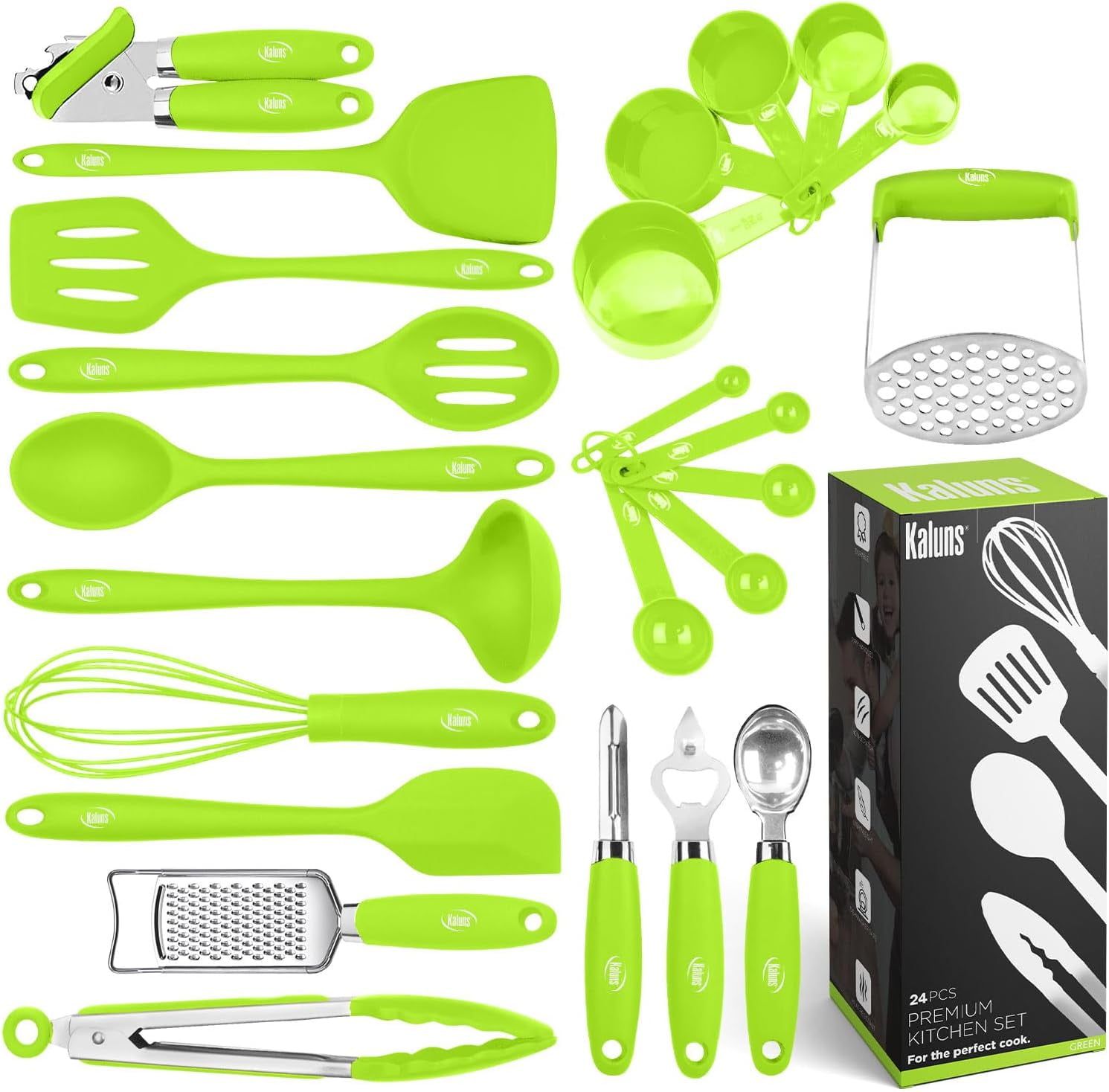 Kaluns 24-Piece Green Silicone and Stainless Steel Cooking Utensils Set
