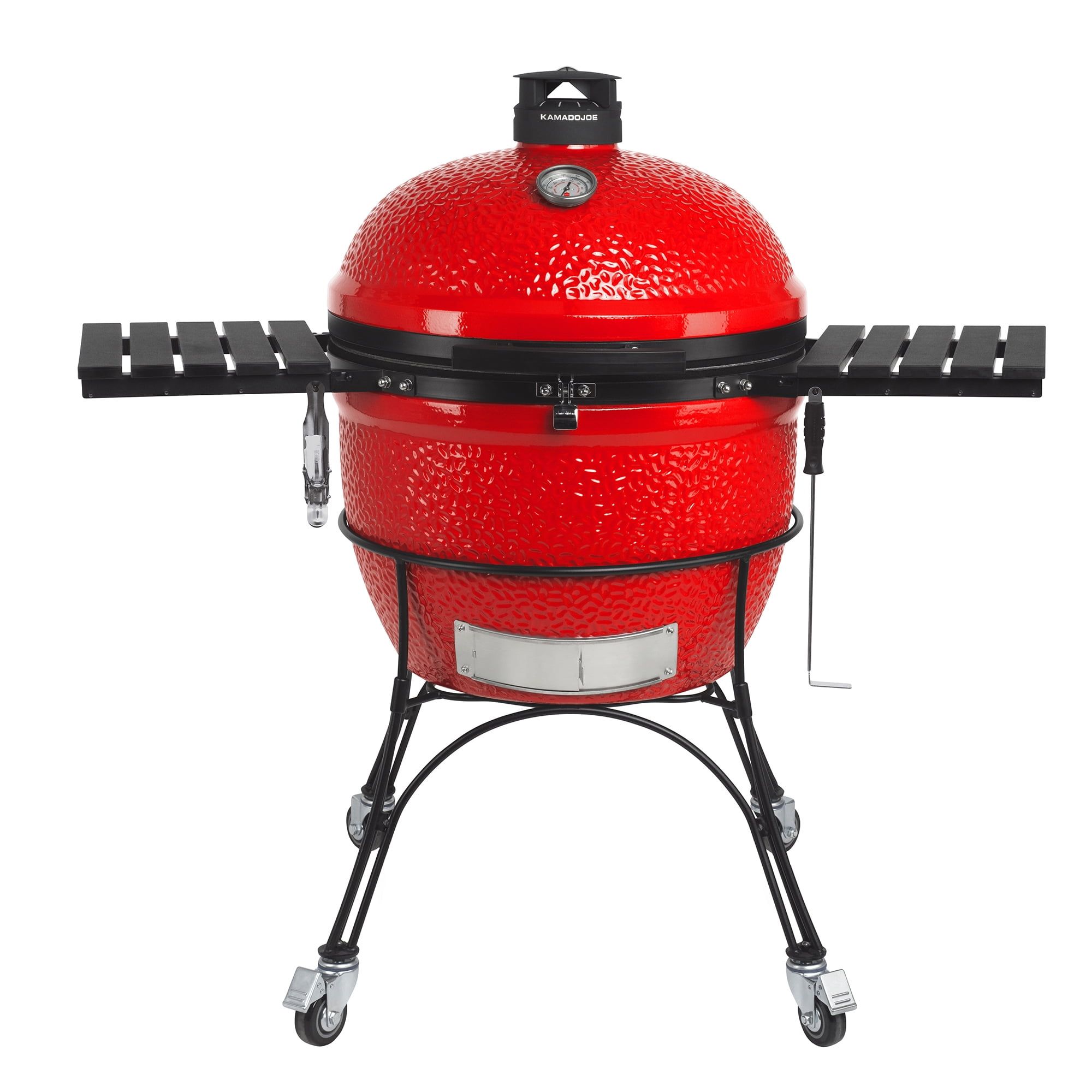 Kamado Joe 24-inch Red Ceramic Charcoal Grill with Smoker and Side Shelves