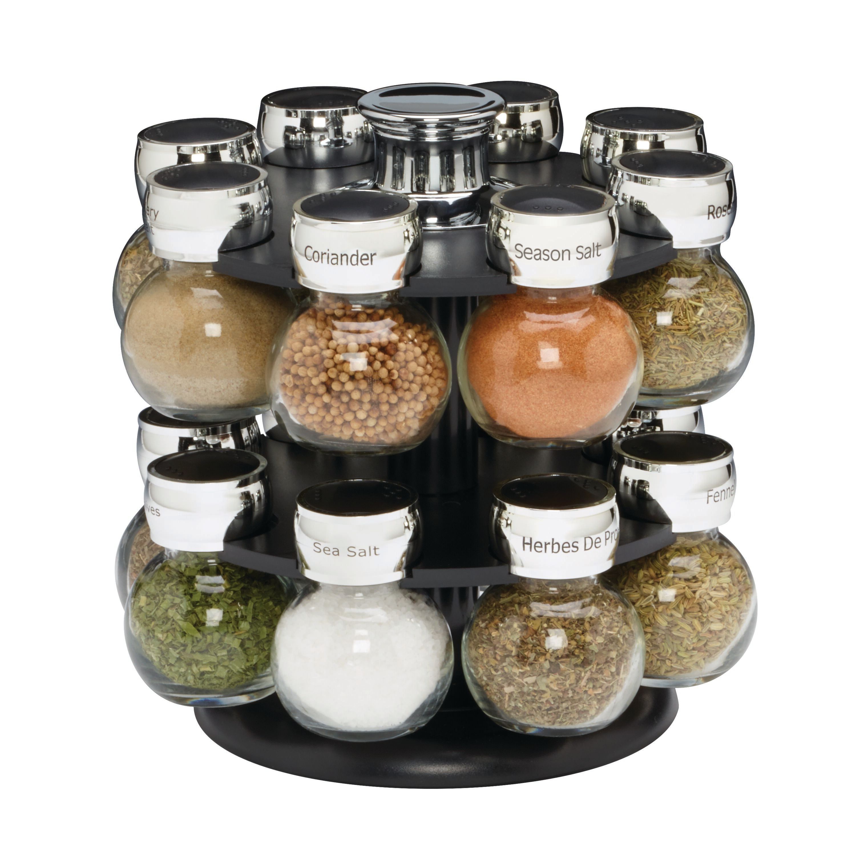 Black Revolving 16-Jar Spice Rack with Chrome Accents