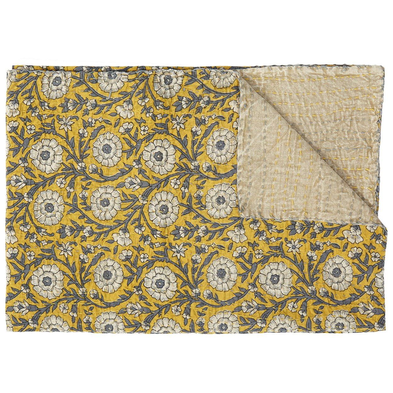 Handcrafted Floral Yellow and Beige Cotton Reversible Throw Blanket