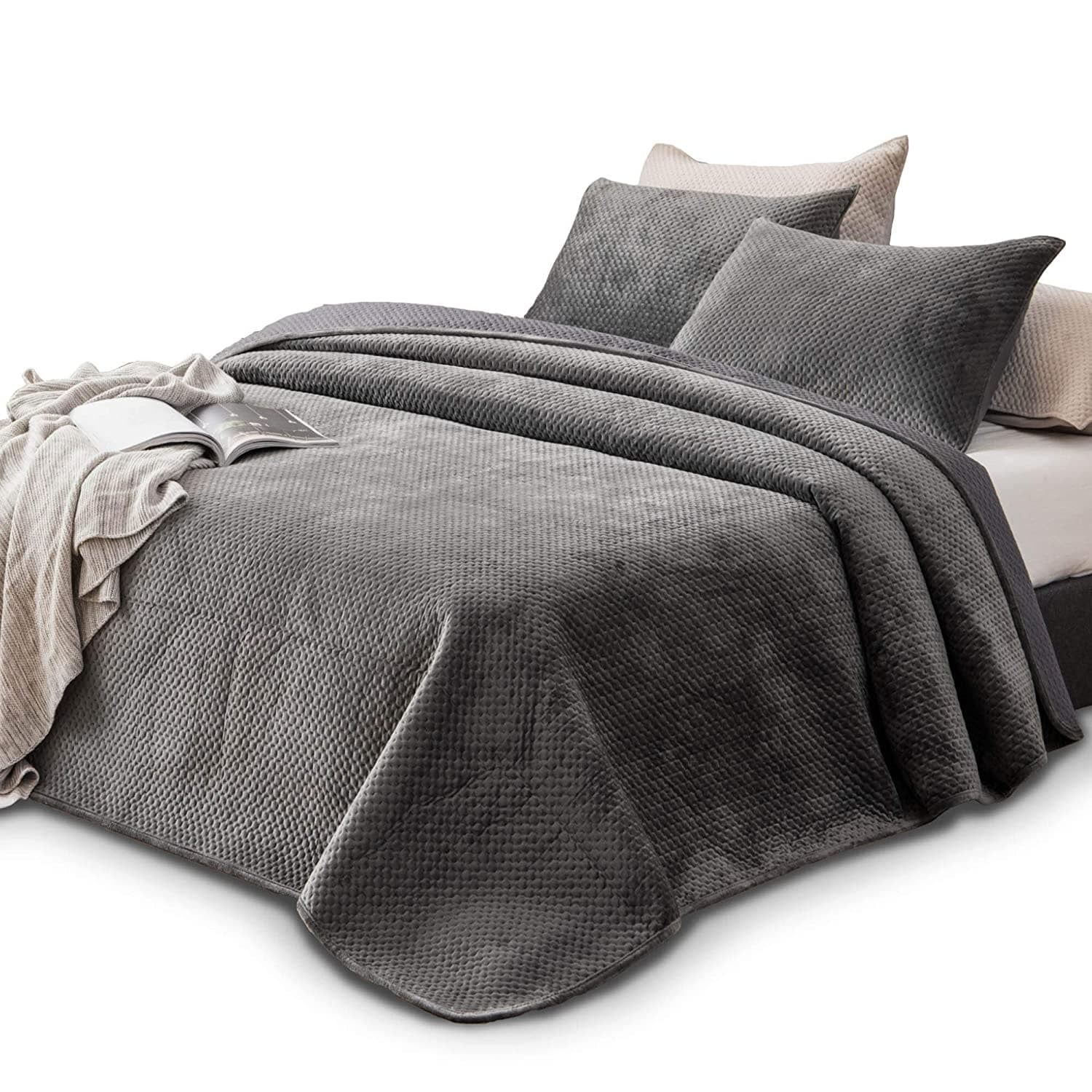 Pewter Grey Queen Velvet Reversible Quilt Set