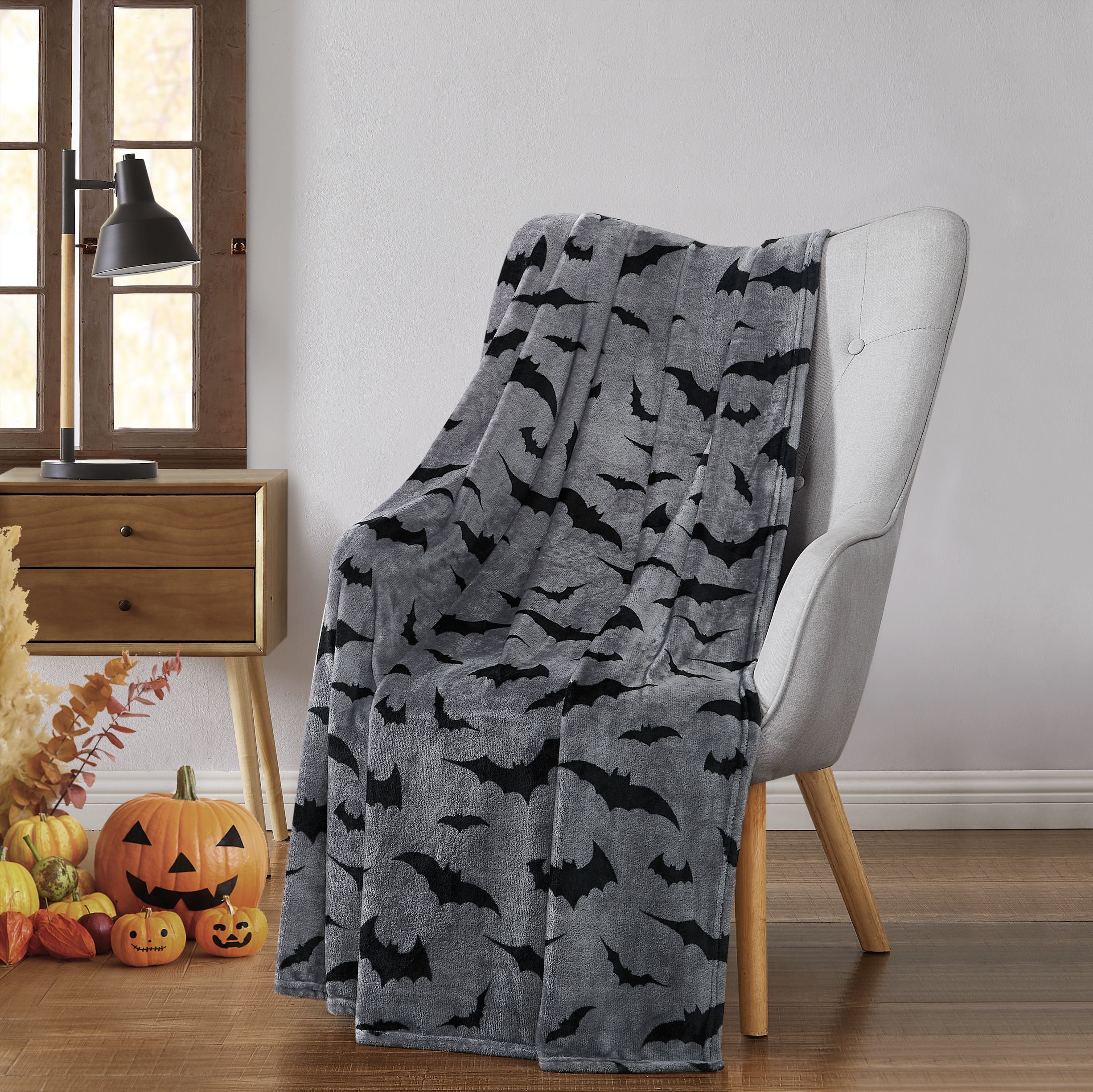 Gray and Black Fleece Halloween Bats Throw Blanket